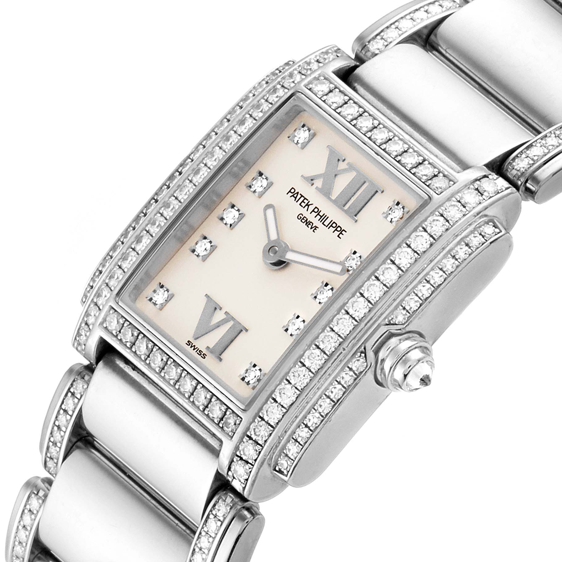 The image shows a close-up of the Patek Philippe Twenty-4 4908/310G Women's White Gold Silver Dial 4908/310G Women's White Gold Silver Dial watch, focusing on the dial, diamond-set bezel, and bracelet.
