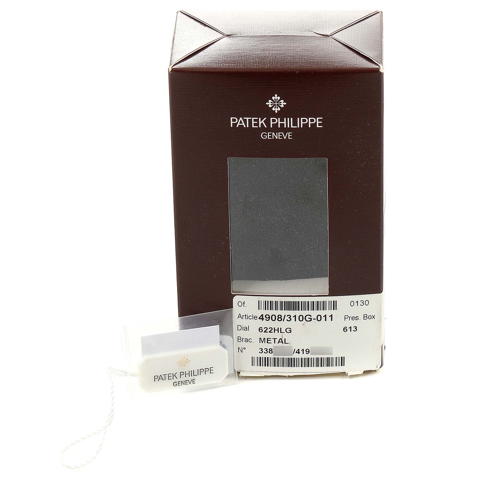 The image shows the packaging box and tag for a Patek Philippe Twenty-4 4908/310G Women's White Gold Silver Dial 4908/310G Women's White Gold Silver Dial watch.