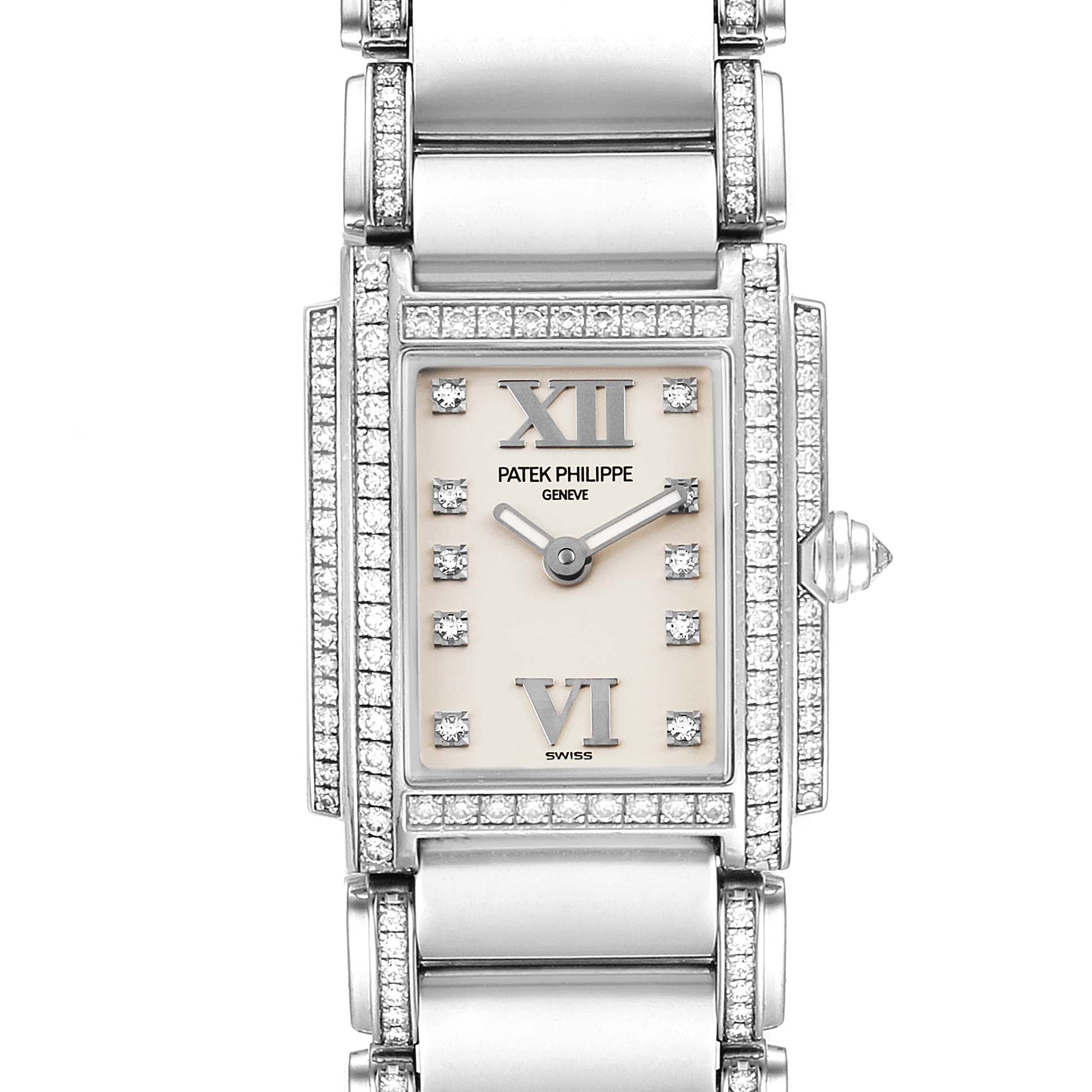 The image shows a front view of the Patek Philippe Twenty-4 4908/310G Women's White Gold Silver Dial 4908/310G Women's White Gold Silver Dial watch, highlighting its diamond-studded bezel and bracelet.