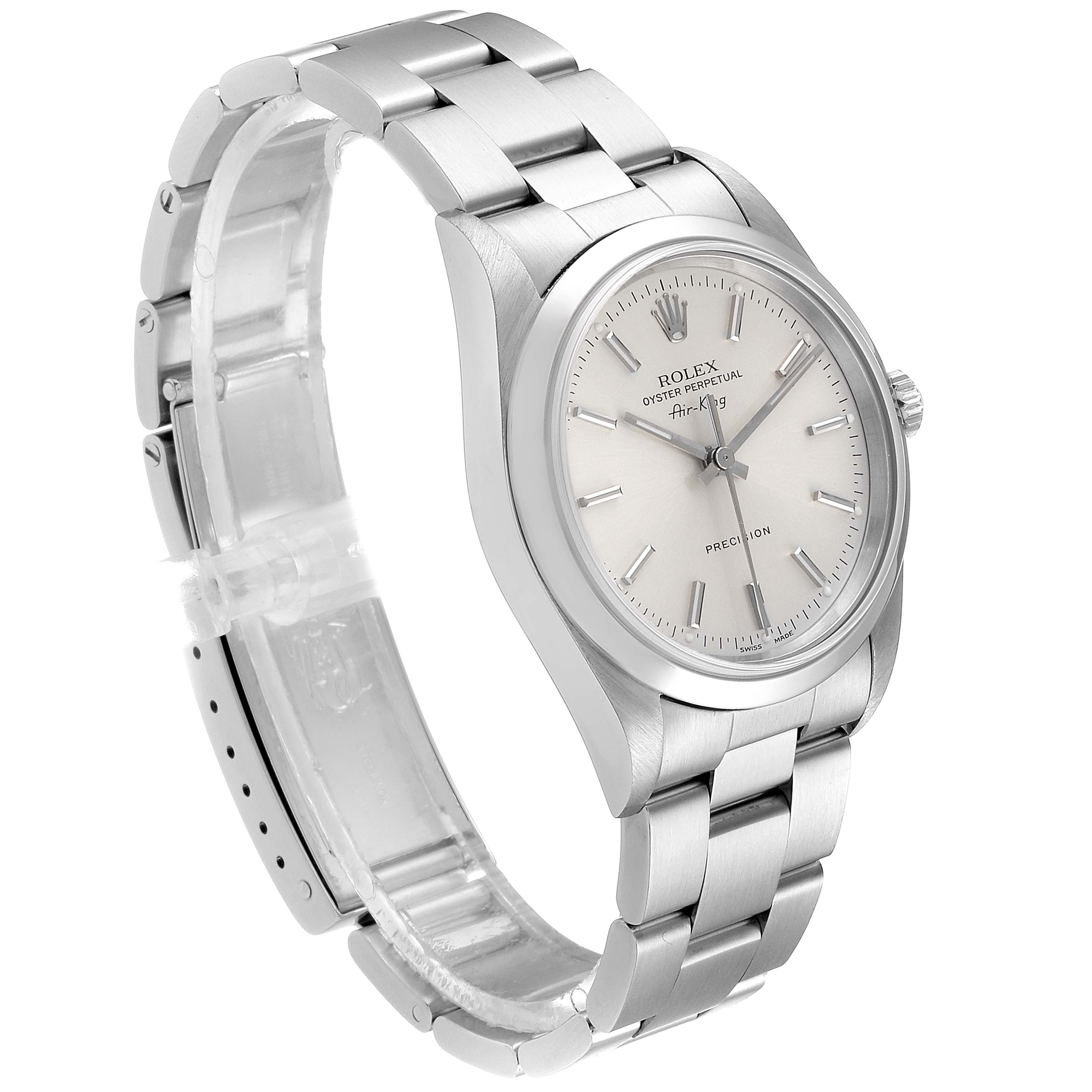 The Rolex Air-King 14000 Men's Stainless Steel Silver Dial 14000 Men's Stainless Steel Silver Dial watch is shown from a three-quarter angle, highlighting the face, bezel, and bracelet.