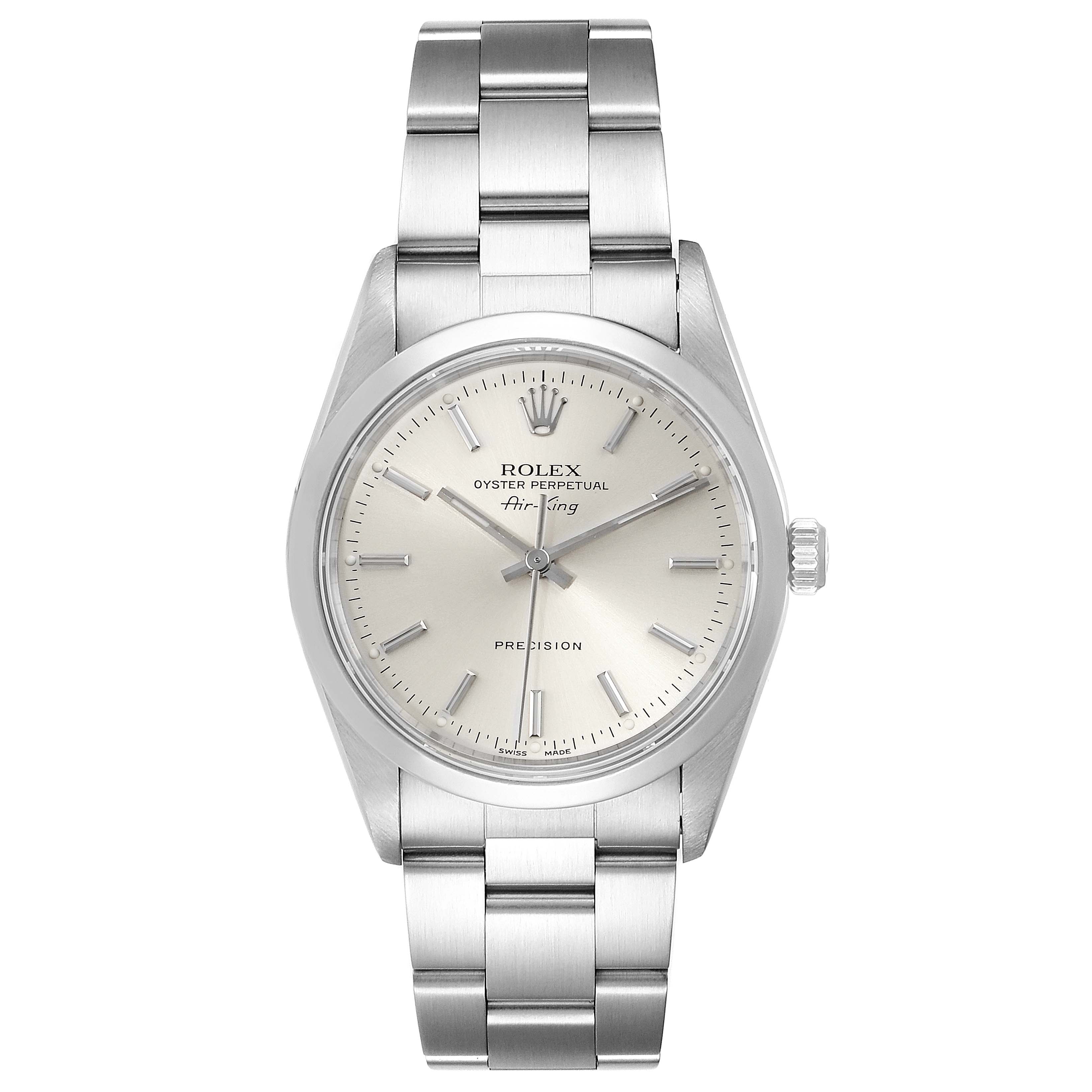 The Rolex Air-King 14000 Men's Stainless Steel Silver Dial 14000 Men's Stainless Steel Silver Dial watch is shown from a front angle, displaying the dial, case, and full bracelet.