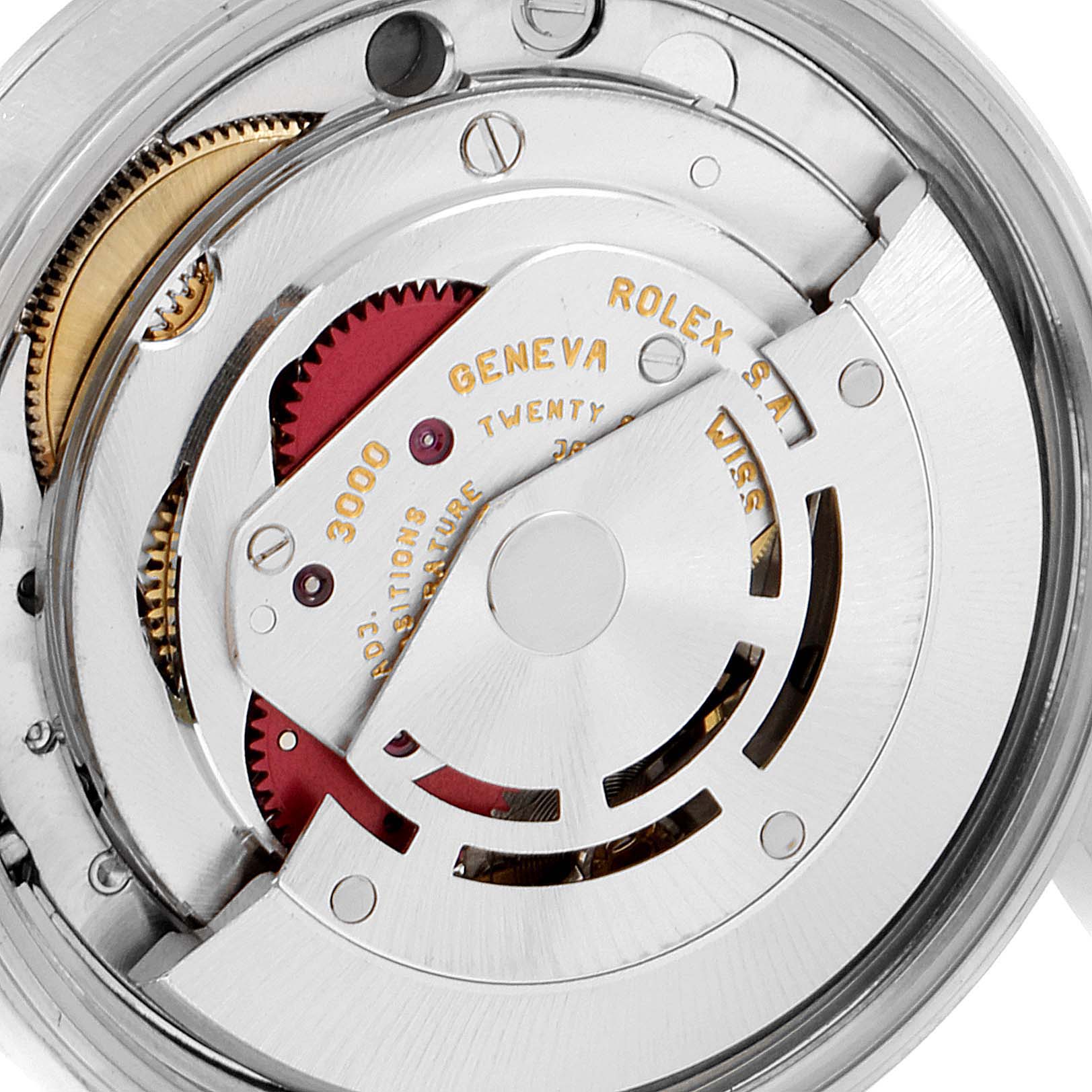 This is an angled close-up of the movement mechanism of a Rolex Air-King 14000 Men's Stainless Steel Silver Dial 14000 Men's Stainless Steel Silver Dial watch.