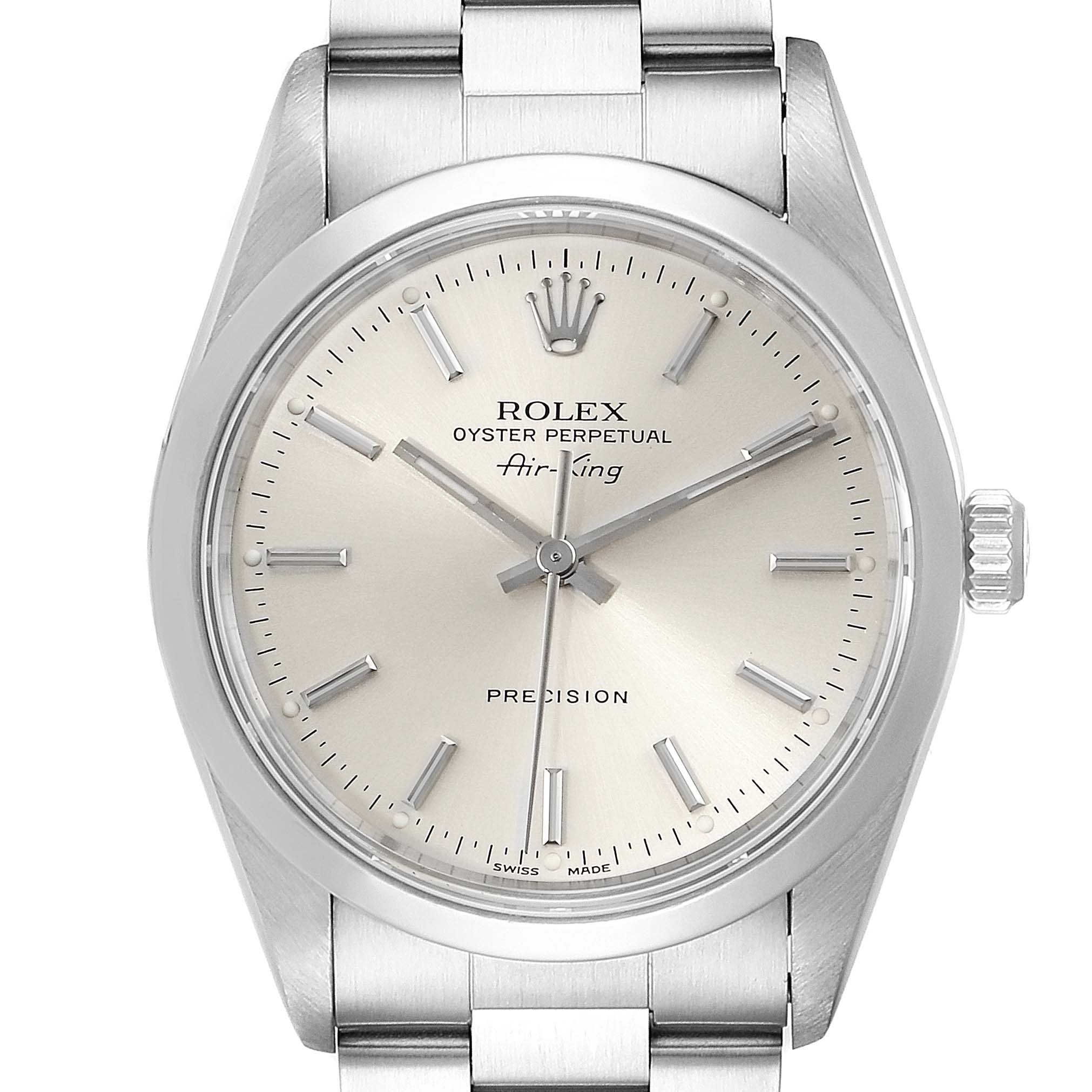 This image shows a front view of a Rolex Air-King 14000 Men's Stainless Steel Silver Dial 14000 Men's Stainless Steel Silver Dial watch displaying its face, crown, and upper part of the metal bracelet.