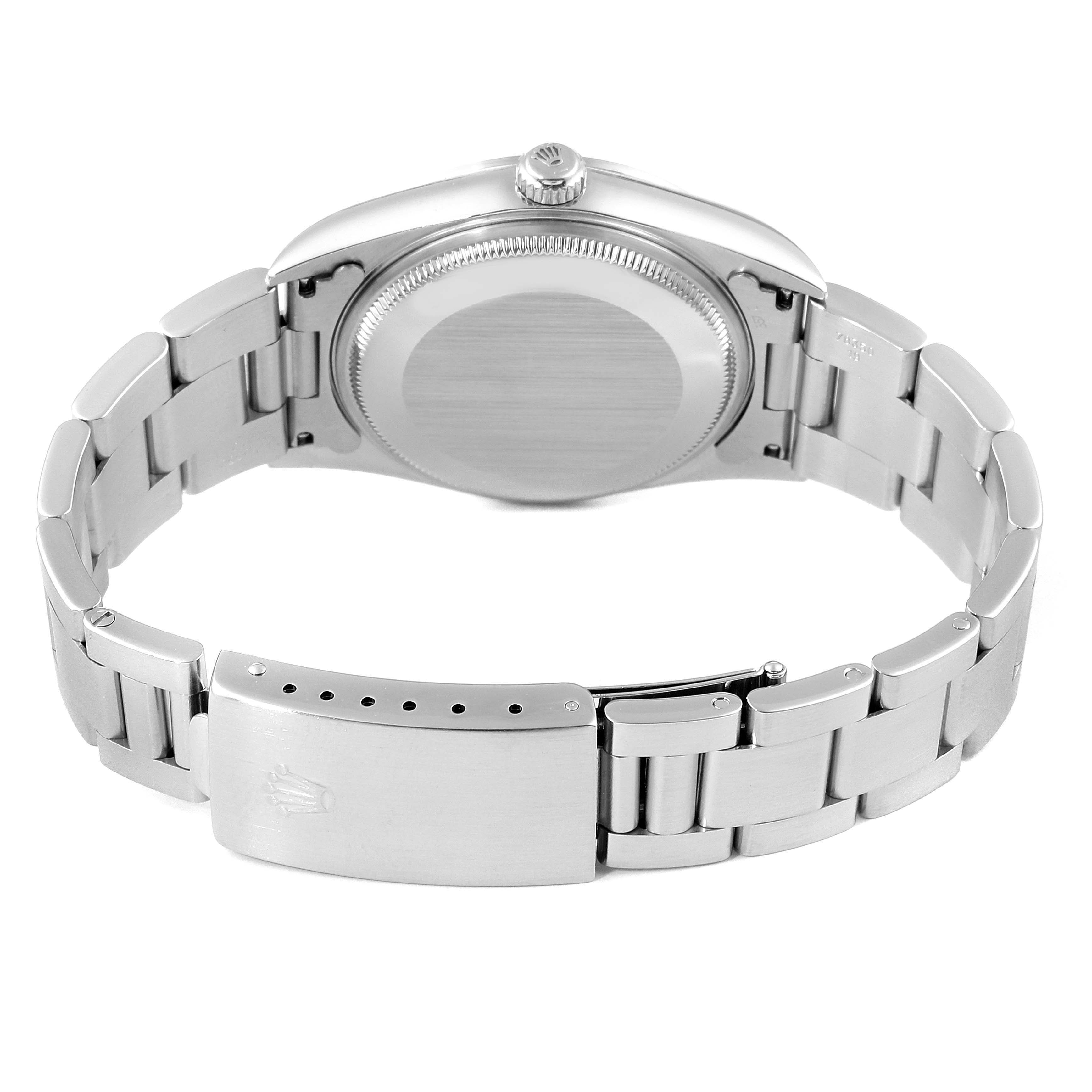 This image shows the back of the Rolex Air-King 14000 Men's Stainless Steel Silver Dial 14000 Men's Stainless Steel Silver Dial watch, highlighting the case back and metal bracelet.