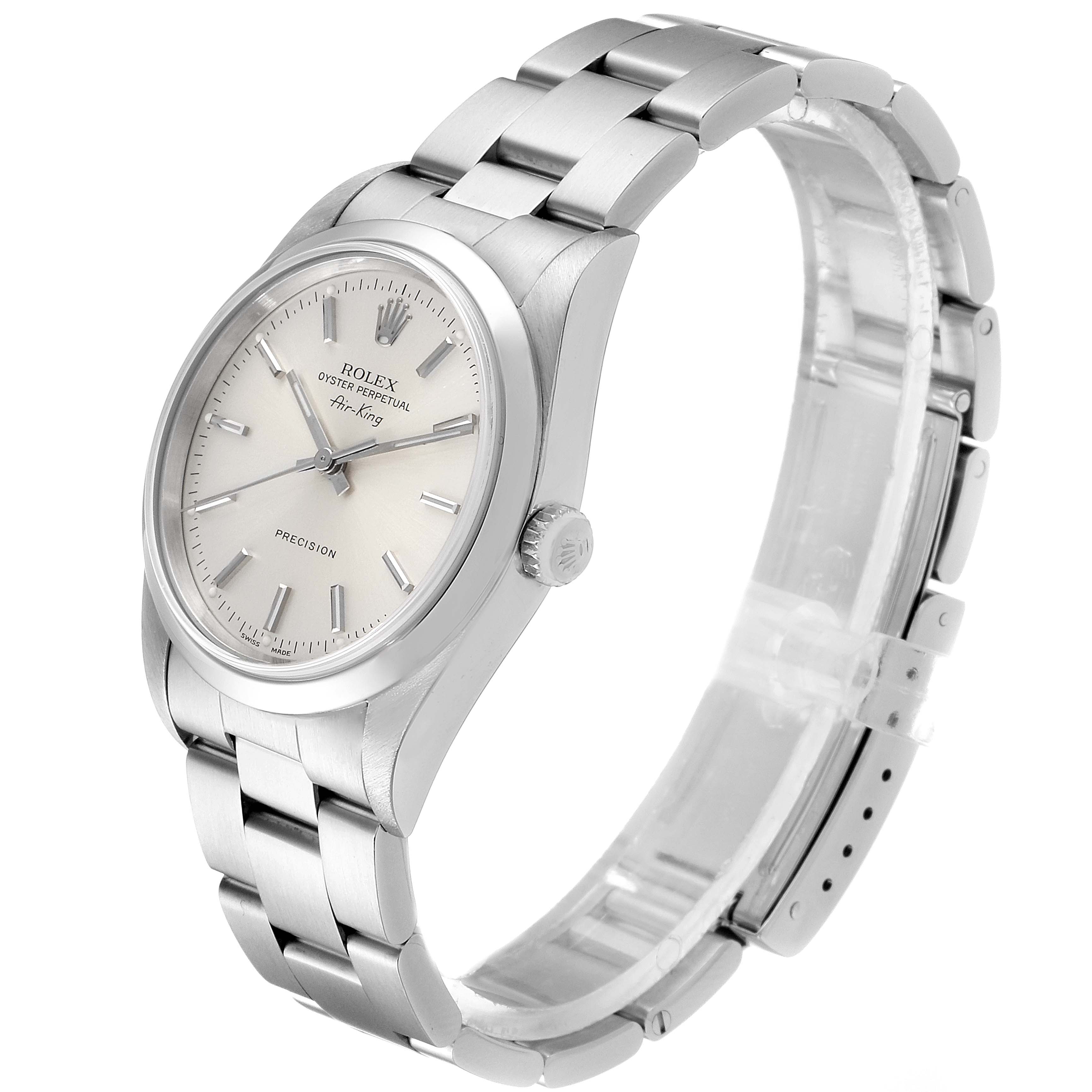 The Rolex Air-King 14000 Men's Stainless Steel Silver Dial 14000 Men's Stainless Steel Silver Dial watch is shown at a three-quarter angle, highlighting the face, dial, crown, and metal bracelet.