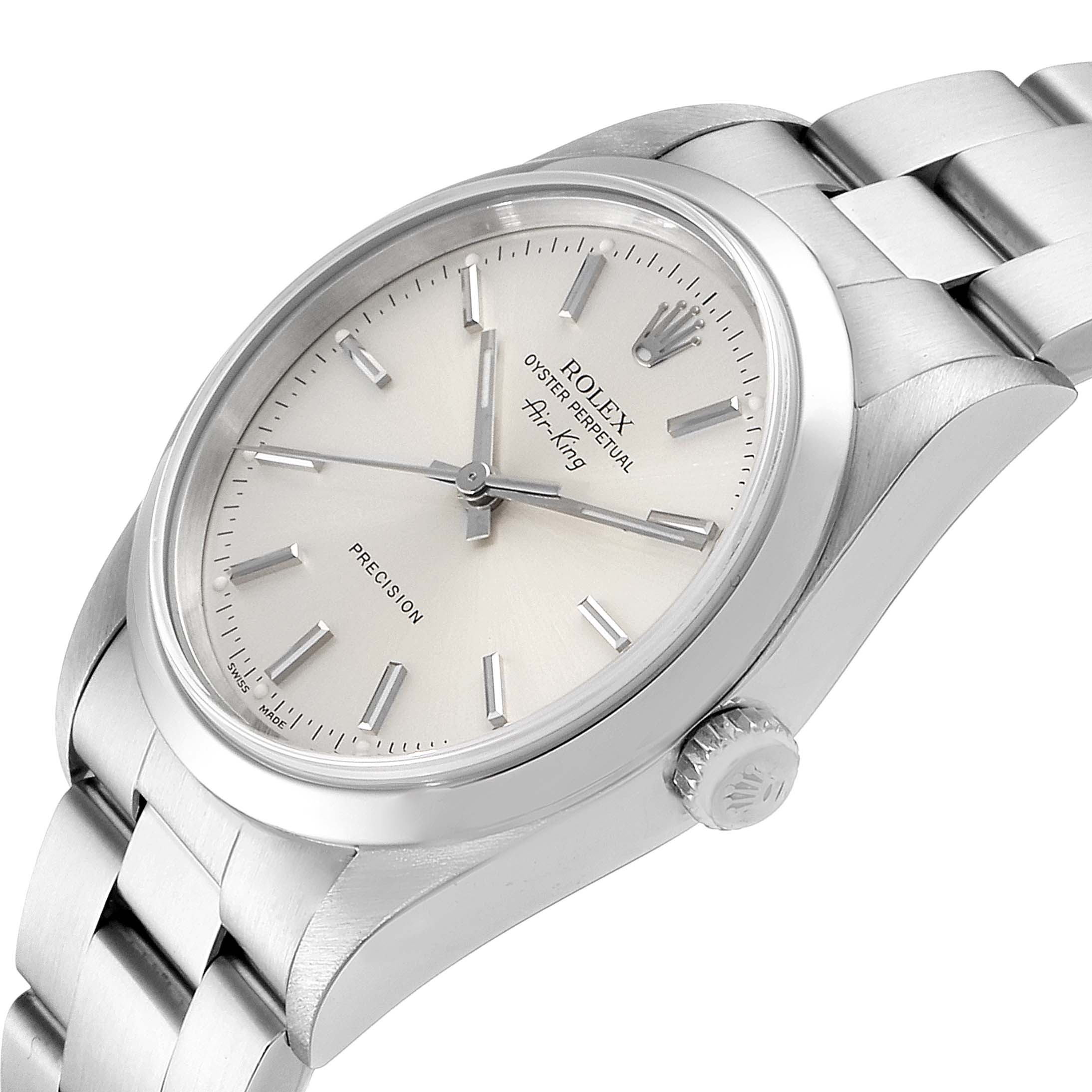 The image shows a Rolex Air-King 14000 Men's Stainless Steel Silver Dial 14000 Men's Stainless Steel Silver Dial watch from an angled side view, highlighting the face, crown, and bracelet.