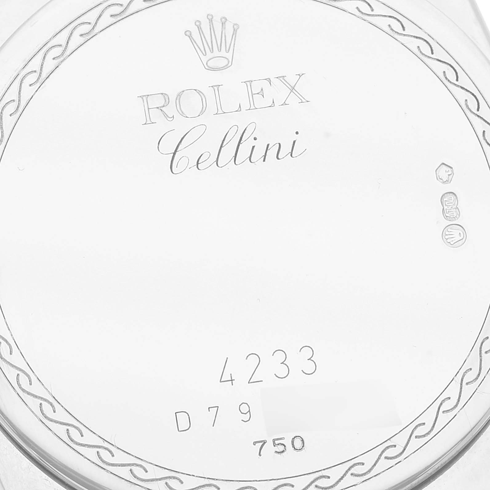 This image shows the back case of a Rolex Cellini 4233 Men
s Rose Gold White Dial 4233 Men
s Rose Gold White Dial model watch, featuring engraved branding and hallmarks.