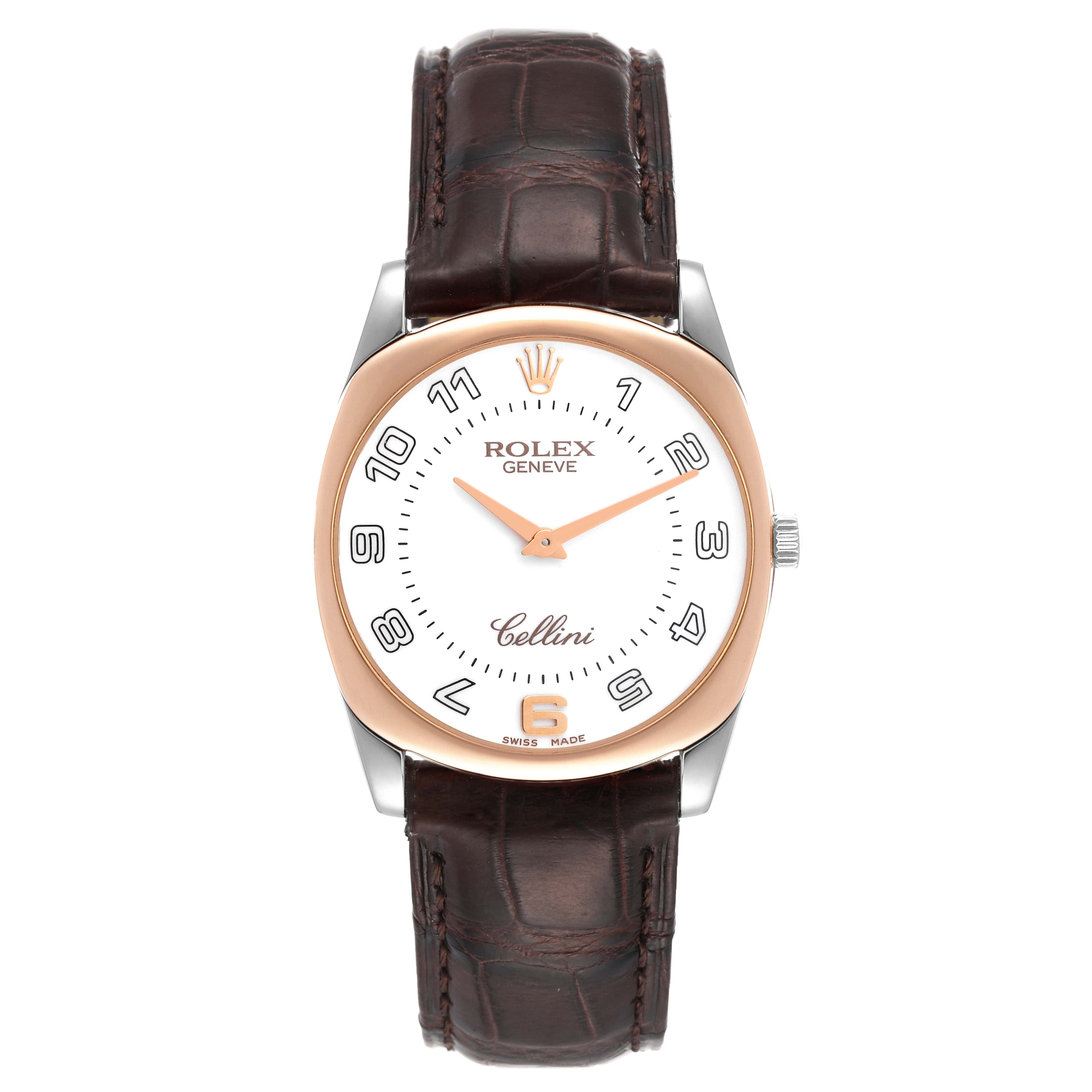 This image shows a front view of a Rolex Cellini 4233 Men
s Rose Gold White Dial 4233 Men
s Rose Gold White Dial watch with a brown leather strap and a white dial.