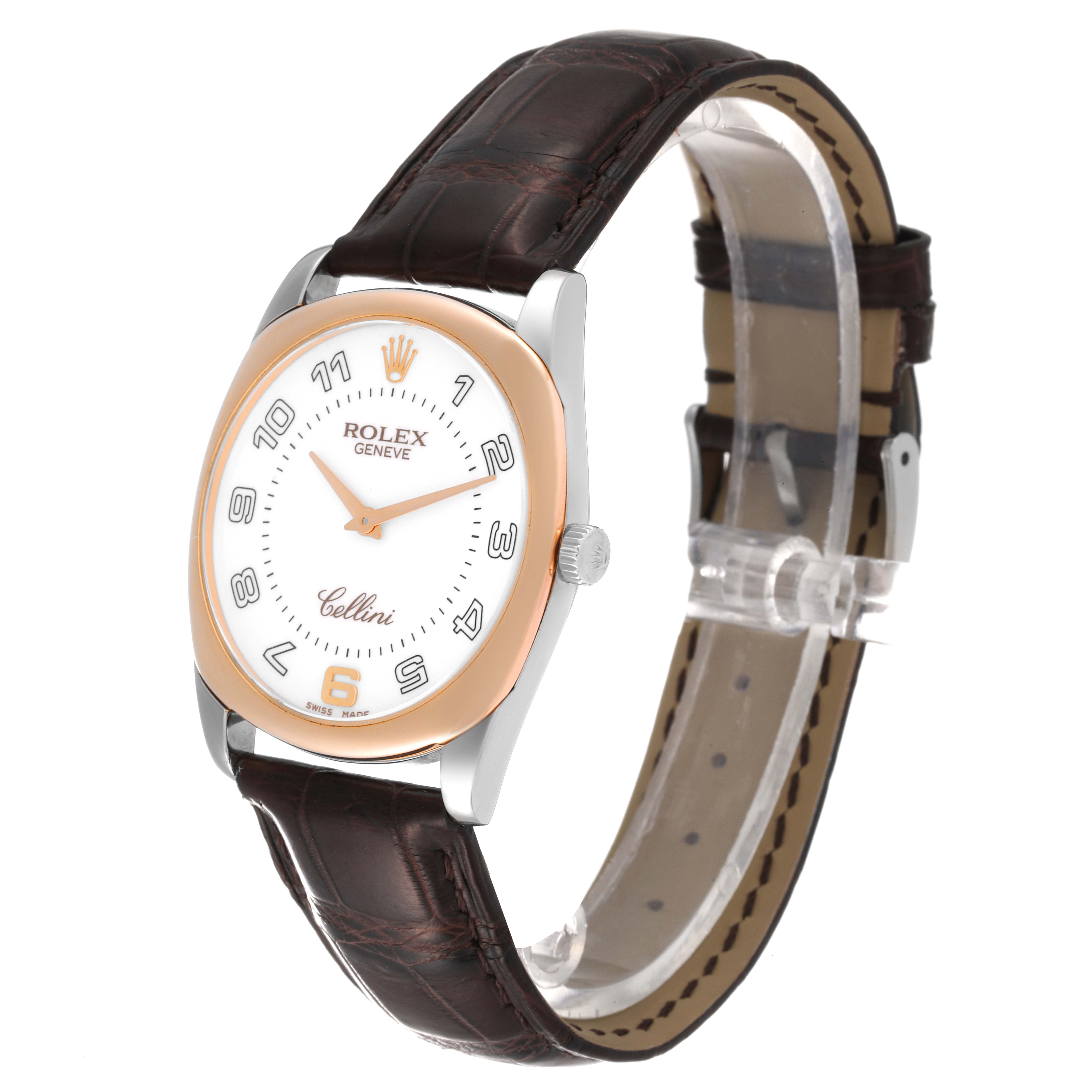The Rolex Cellini 4233 Men
s Rose Gold White Dial 4233 Men
s Rose Gold White Dial watch is shown at a slight angle, highlighting its round case, white dial, and brown leather strap.