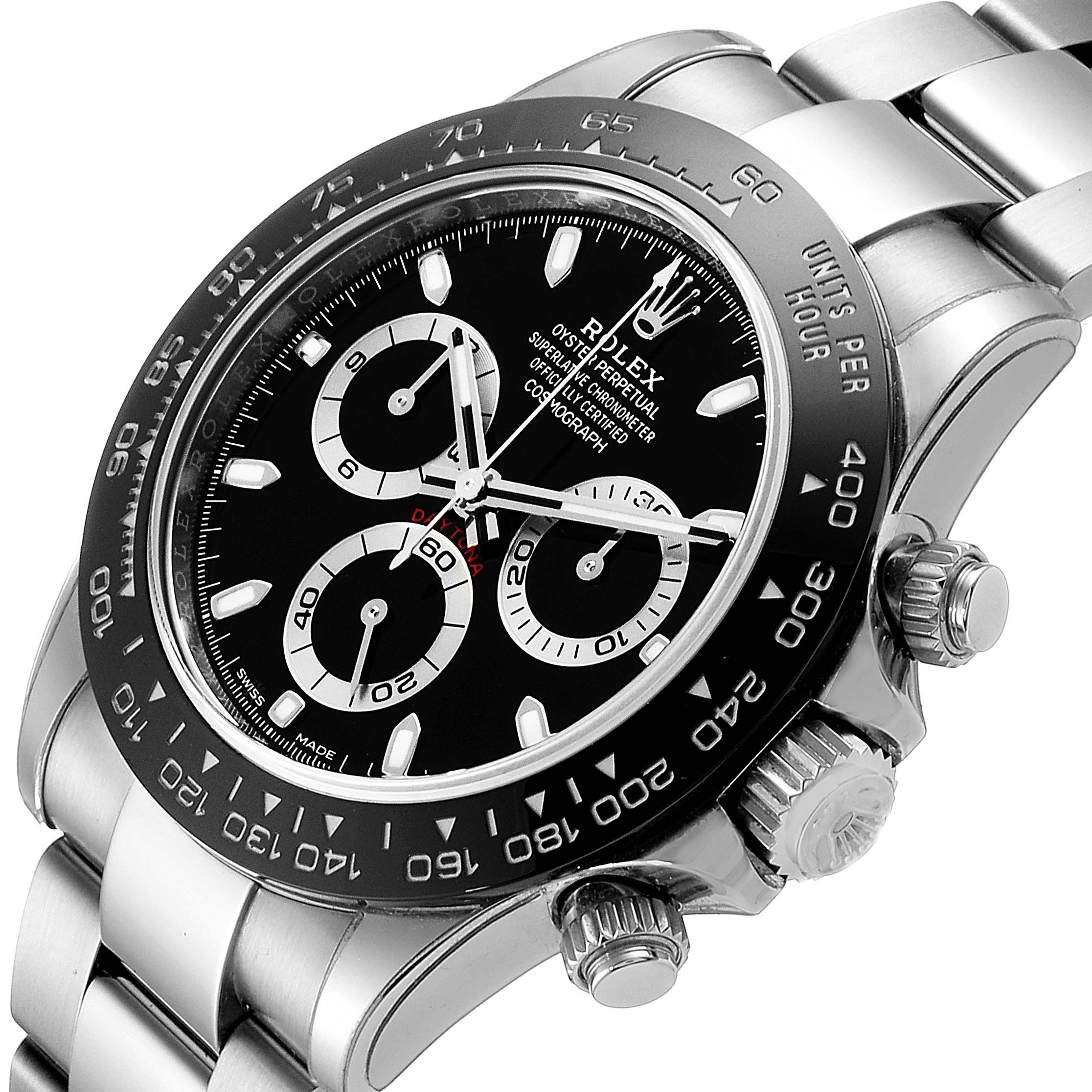 The Rolex Daytona 116500 Men's Stainless Steel Black Dial 116500 Men's Stainless Steel Black Dial watch is shown at an angled perspective, displaying the dial, bezel, and part of the bracelet.