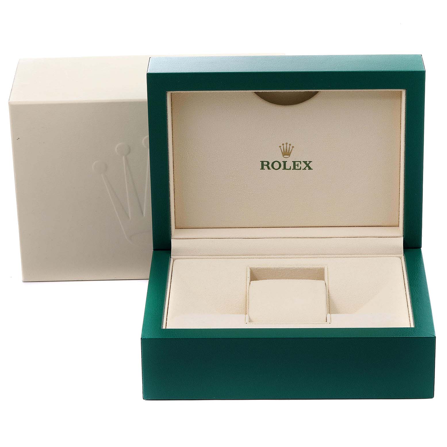 The image shows an open Rolex Daytona 116500 Men's Stainless Steel Black Dial 116500 Men's Stainless Steel Black Dial watch box, with the cushion and packaging displayed.