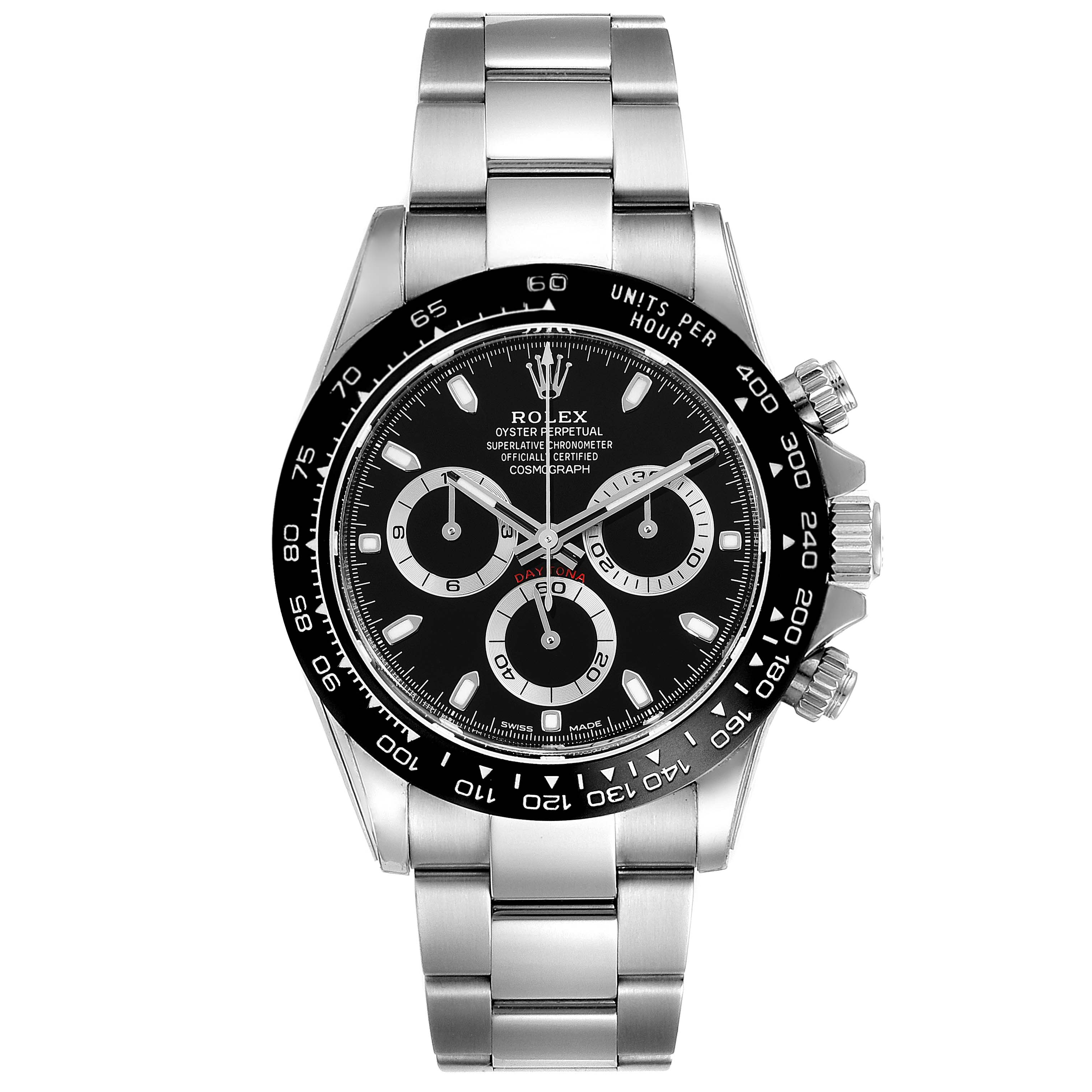 This image shows a front view of a Rolex Daytona 116500 Men's Stainless Steel Black Dial 116500 Men's Stainless Steel Black Dial watch, detailing the dial, bezel, and stainless steel bracelet.