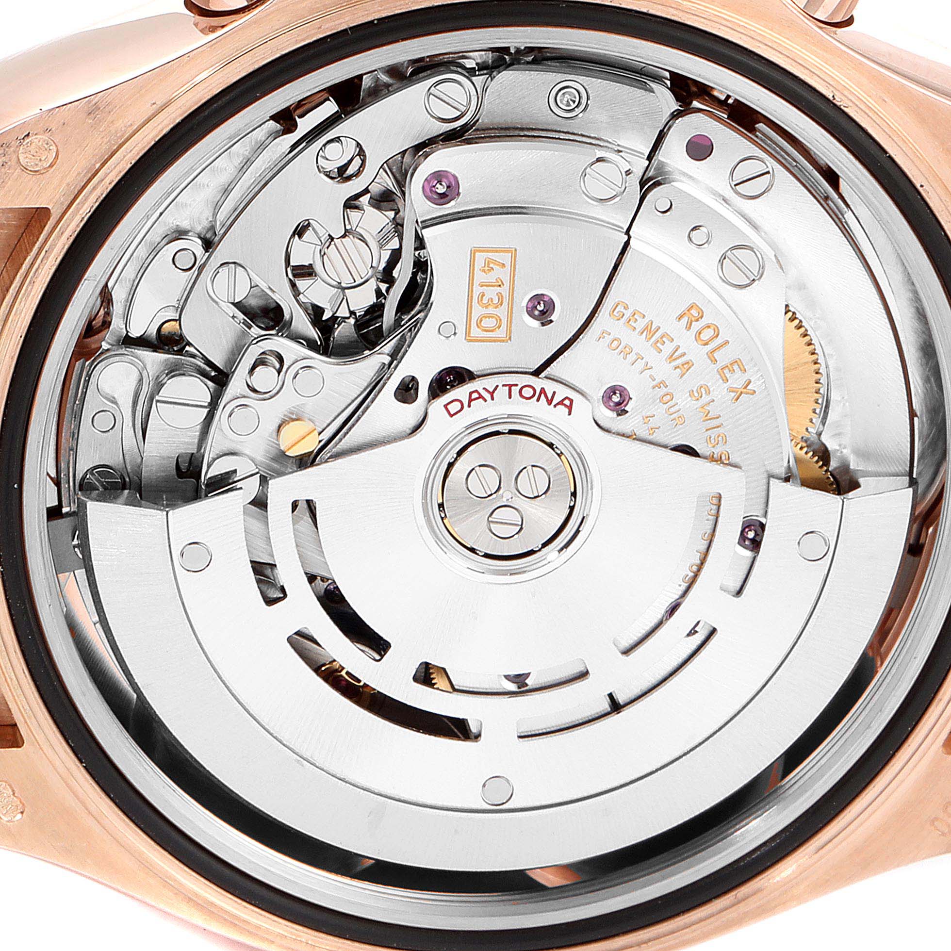 This image shows the inner mechanism of a Rolex Daytona 116515 Men's Rose Gold Brown Dial 116515 Men's Rose Gold Brown Dial watch from a rear angle, highlighting the intricate movement parts.