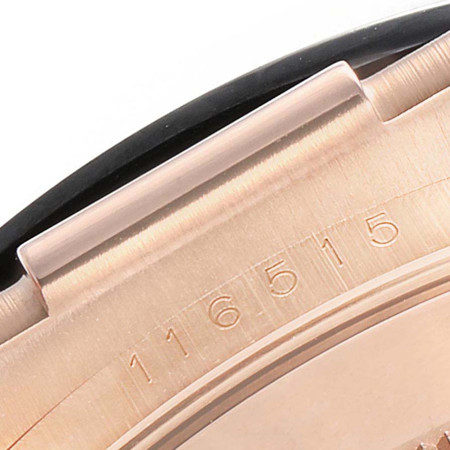 This close-up angle of the Rolex Daytona 116515 Men's Rose Gold Brown Dial 116515 Men's Rose Gold Brown Dial watch shows the model number "116515" engraved on the case.
