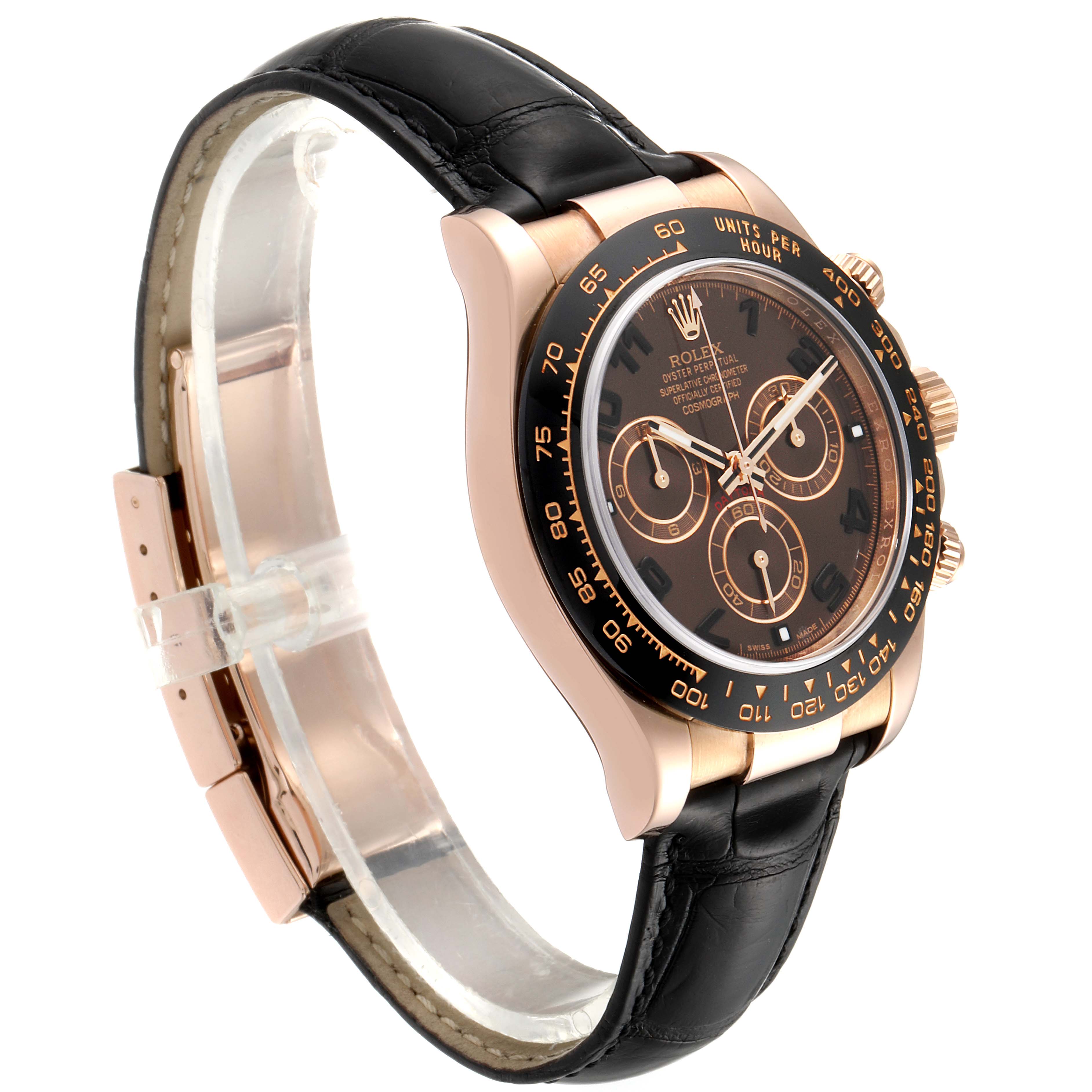 The Rolex Daytona 116515 Men's Rose Gold Brown Dial 116515 Men's Rose Gold Brown Dial watch is shown at an angled side view, highlighting its rose gold case, black dial, three subdials, and leather strap.