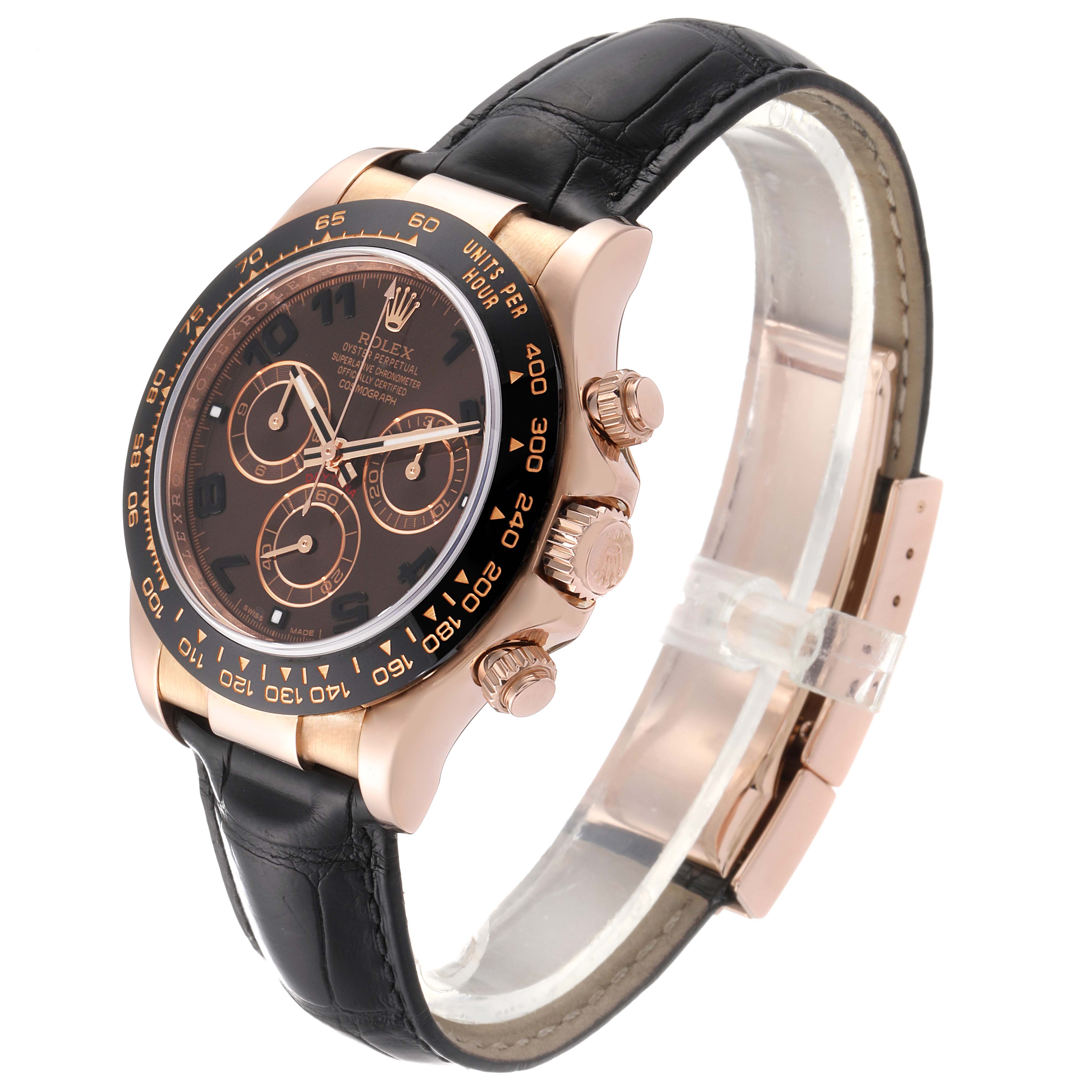 The Rolex Daytona 116515 Men's Rose Gold Brown Dial 116515 Men's Rose Gold Brown Dial watch is shown at a three-quarter angle highlighting the dial, bezel, three crown buttons, and leather strap.