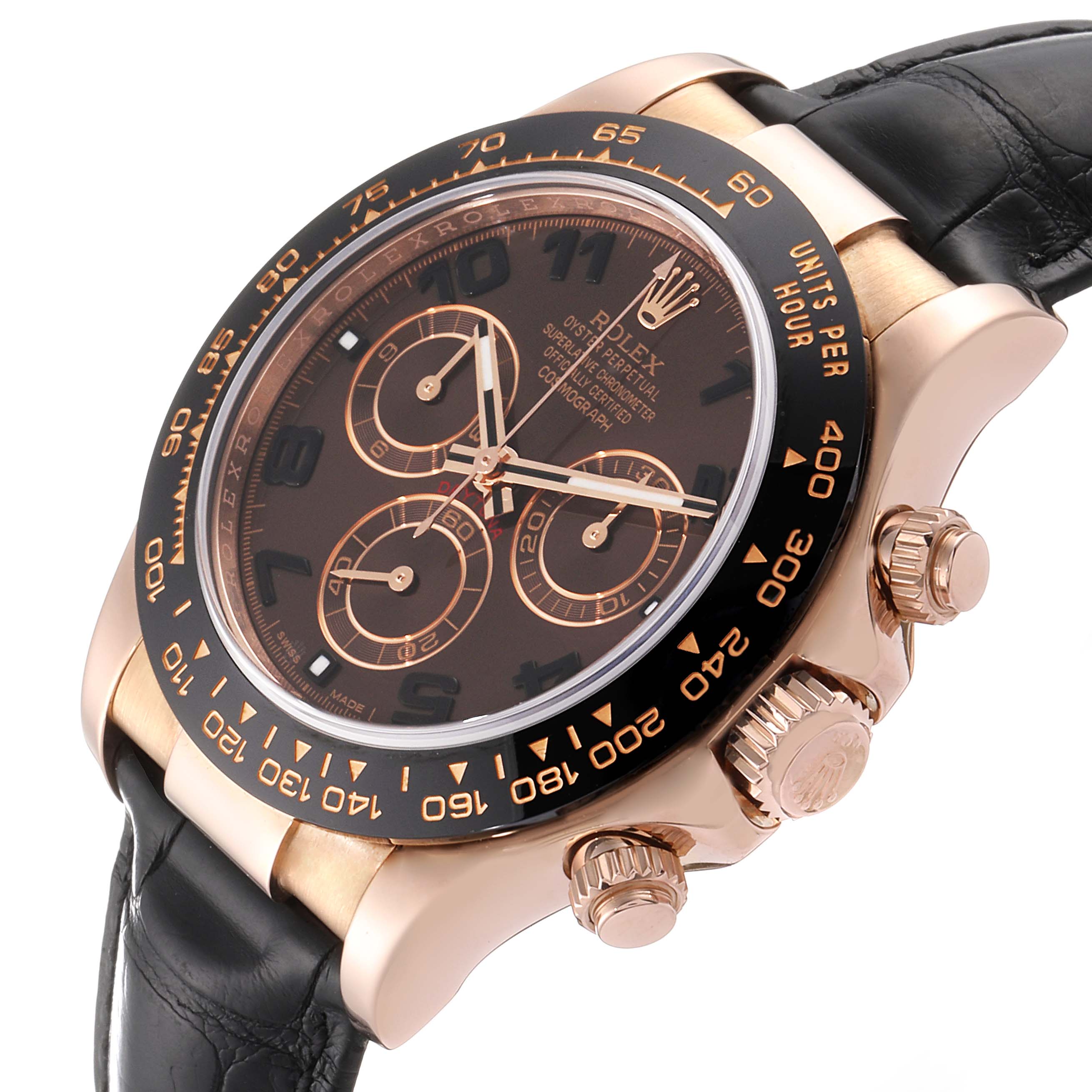The Rolex Daytona 116515 Men's Rose Gold Brown Dial 116515 Men's Rose Gold Brown Dial watch is shown at an angle highlighting the face, bezel, subdials, crown, and black leather strap.