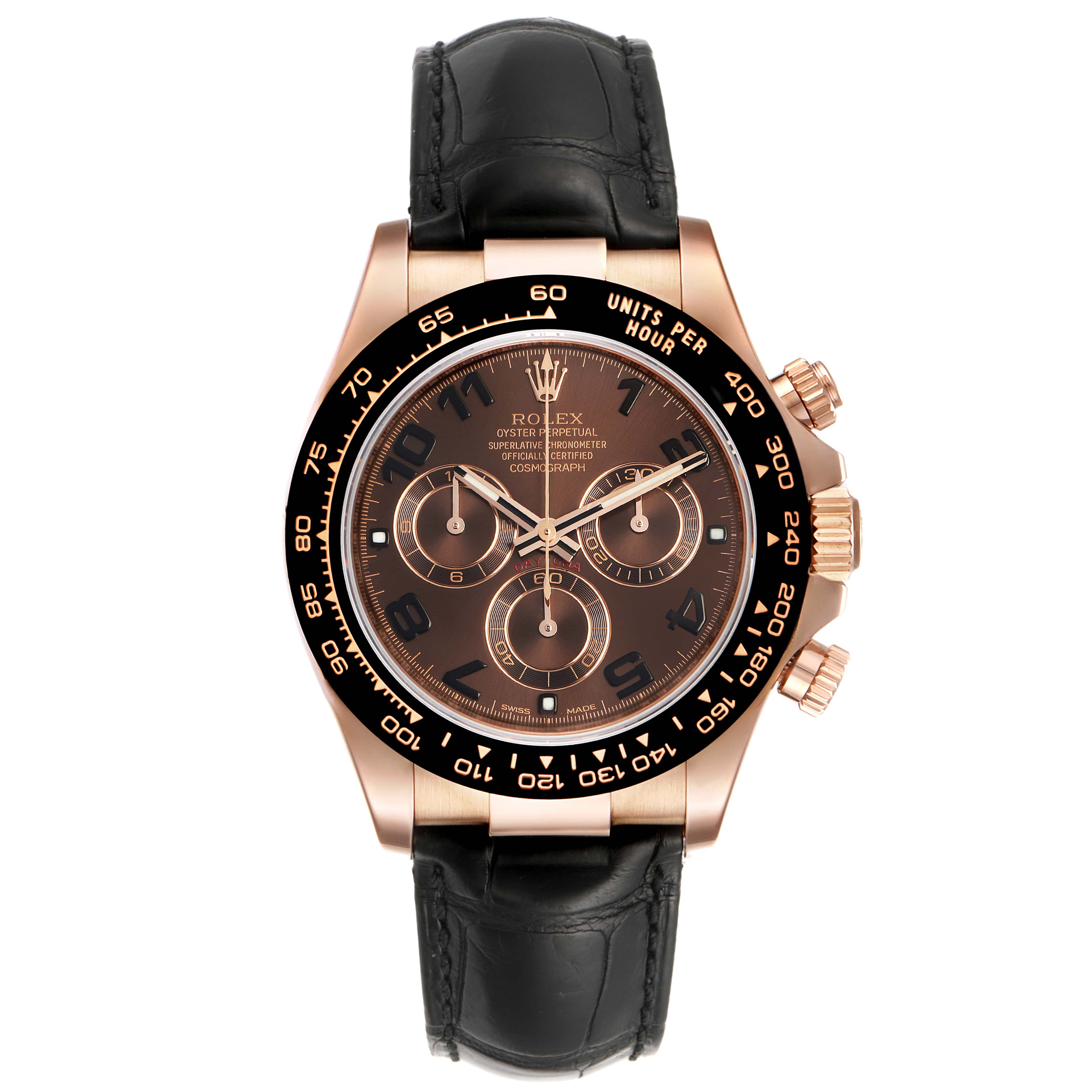 The Rolex Daytona 116515 Men's Rose Gold Brown Dial 116515 Men's Rose Gold Brown Dial watch is shown from a front angle, displaying its face, bezel, pushers, and leather strap.