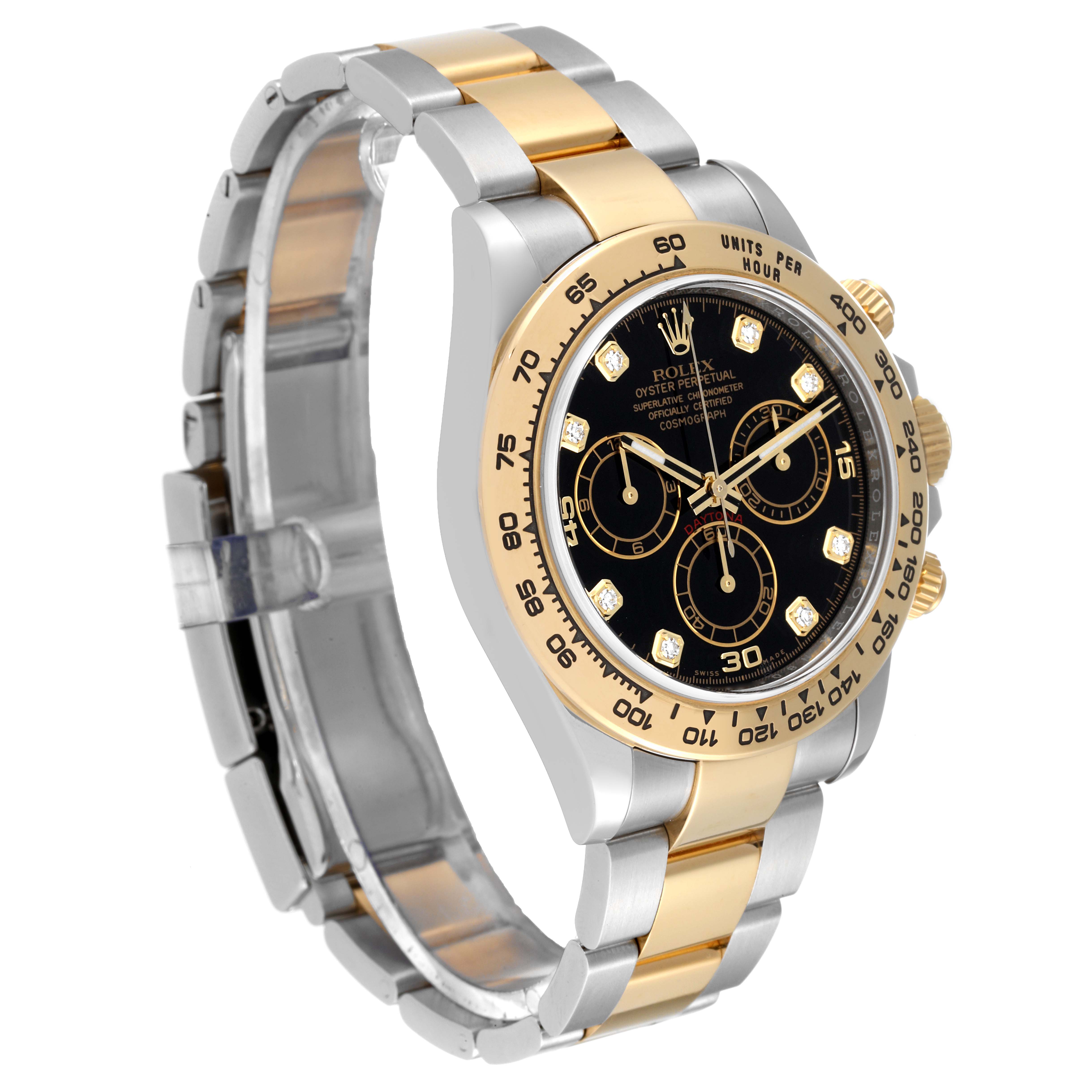 The Rolex Daytona 116503 Men
s Steel and Gold (two tone) Black Dial 116503 Men
s Steel and Gold (two tone) Black Dial watch is shown at a slight angle, displaying its face, bezel, crown, and part of the bracelet.