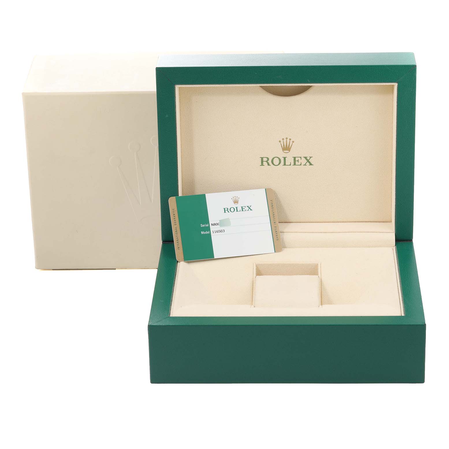 The image shows an open Rolex Daytona 116503 Men
s Steel and Gold (two tone) Black Dial 116503 Men
s Steel and Gold (two tone) Black Dial model watch box with a warranty card.