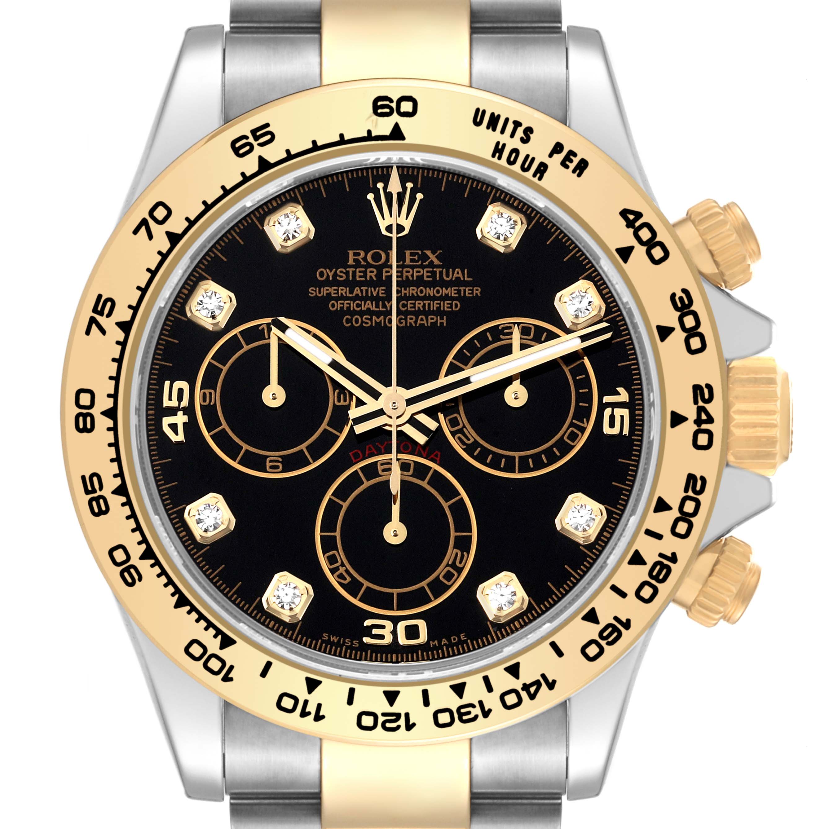 This image shows a Rolex Daytona 116503 Men
s Steel and Gold (two tone) Black Dial 116503 Men
s Steel and Gold (two tone) Black Dial watch from a front angle, highlighting the bezel, dial, markers, and part of the bracelet.