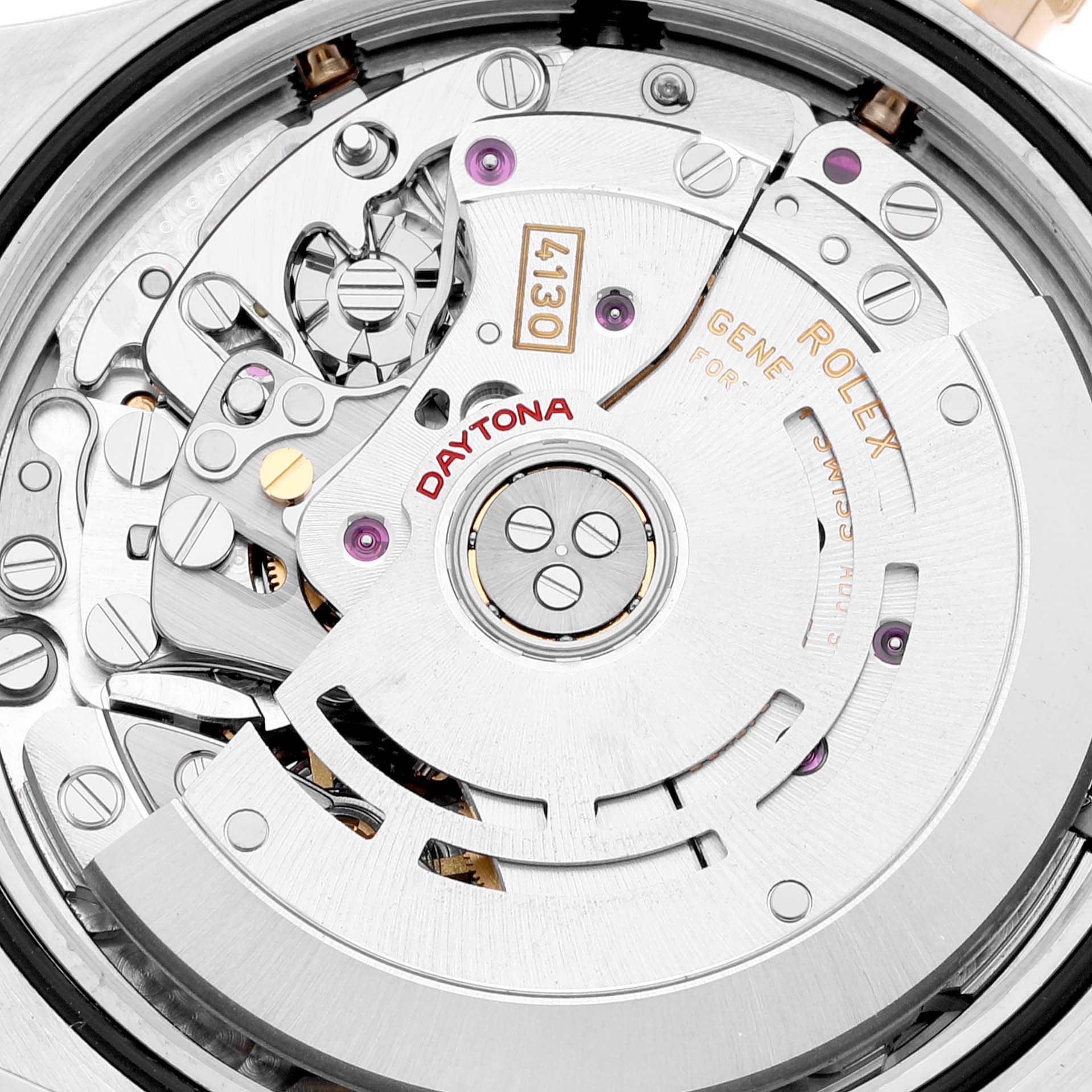 This image shows the detailed movement mechanism of a Rolex Daytona 116503 Men
s Steel and Gold (two tone) Black Dial 116503 Men
s Steel and Gold (two tone) Black Dial watch from a close-up angle.