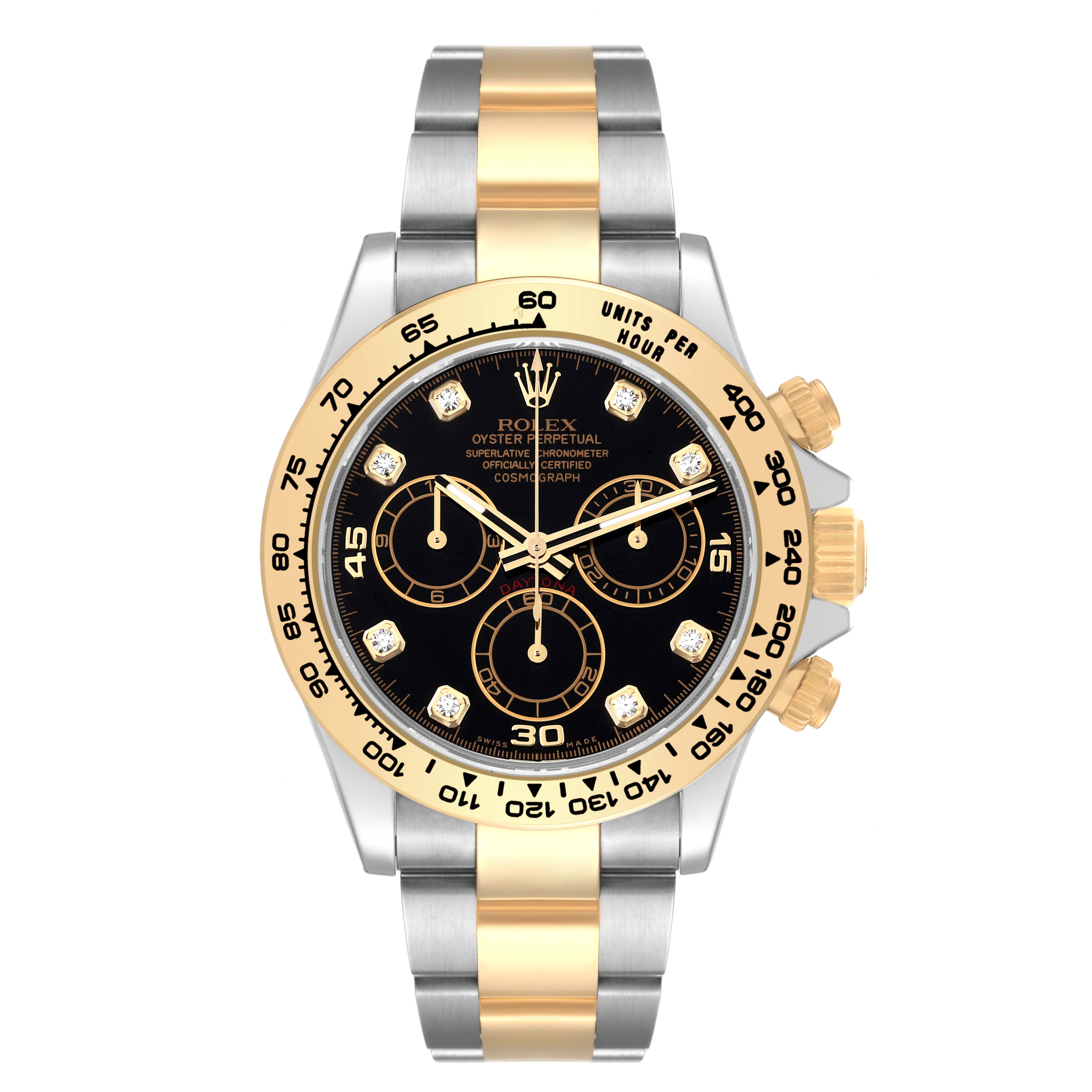 The watch is a Rolex Daytona 116503 Men
s Steel and Gold (two tone) Black Dial 116503 Men
s Steel and Gold (two tone) Black Dial model, shown from a front angle highlighting the face, bezel, and bracelet.