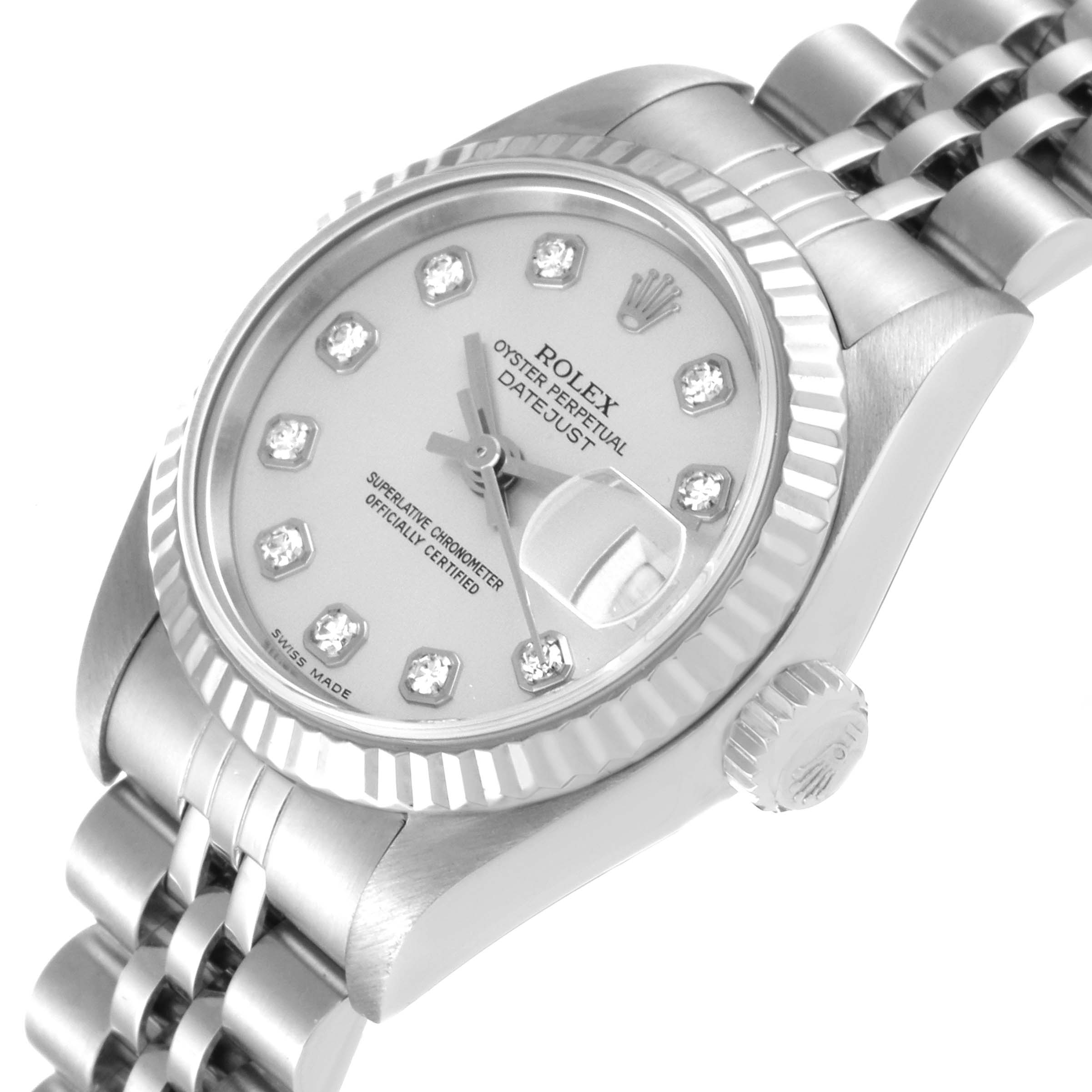 This Rolex Datejust 79174 Women's Stainless Steel Silver Dial 79174 Women's Stainless Steel Silver Dial watch is shown from a slightly angled top-down view, highlighting the dial, bezel, crown, and bracelet.