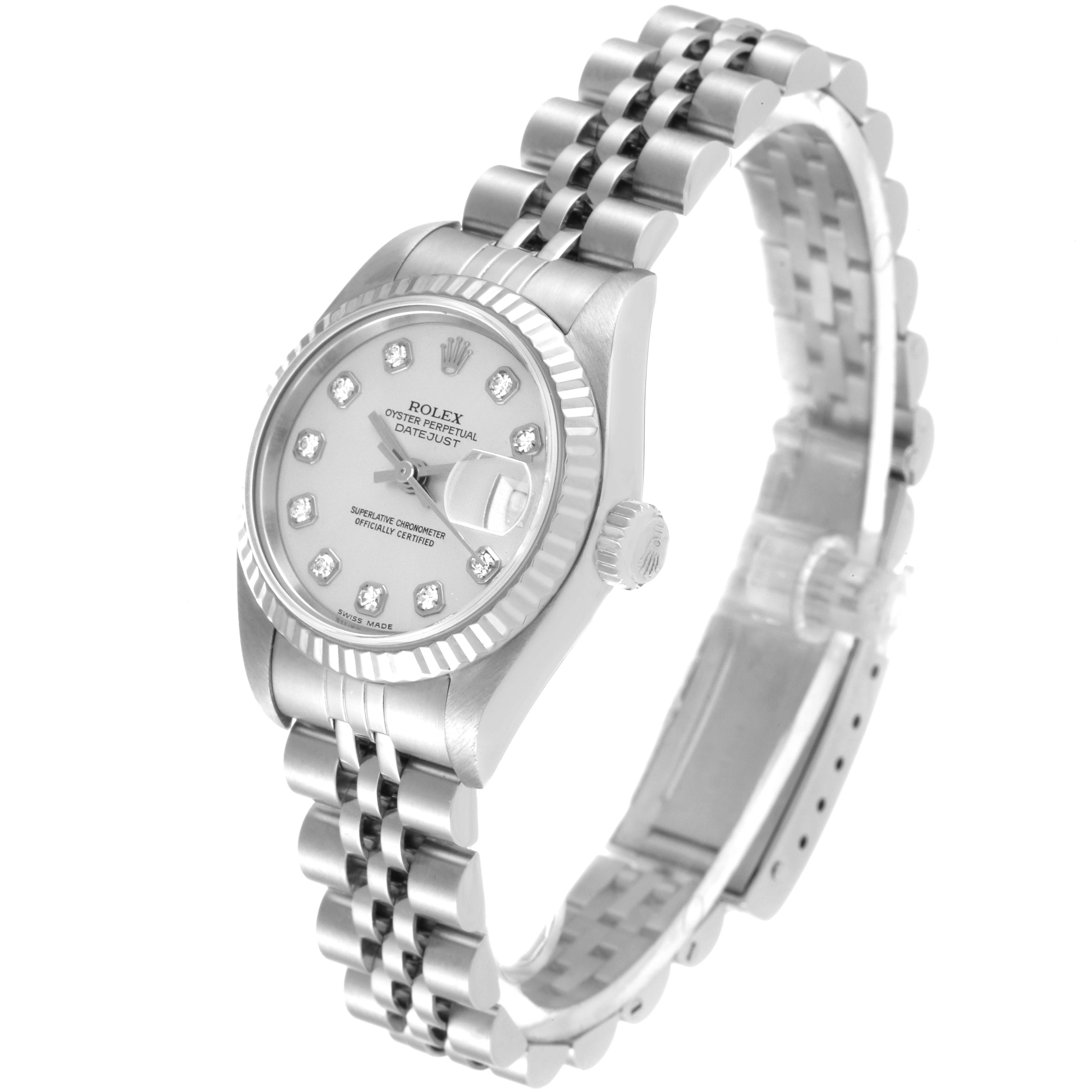 The Rolex Datejust 79174 Women's Stainless Steel Silver Dial 79174 Women's Stainless Steel Silver Dial watch is shown at a three-quarter angle, displaying the dial, case, crown, and Jubilee bracelet.