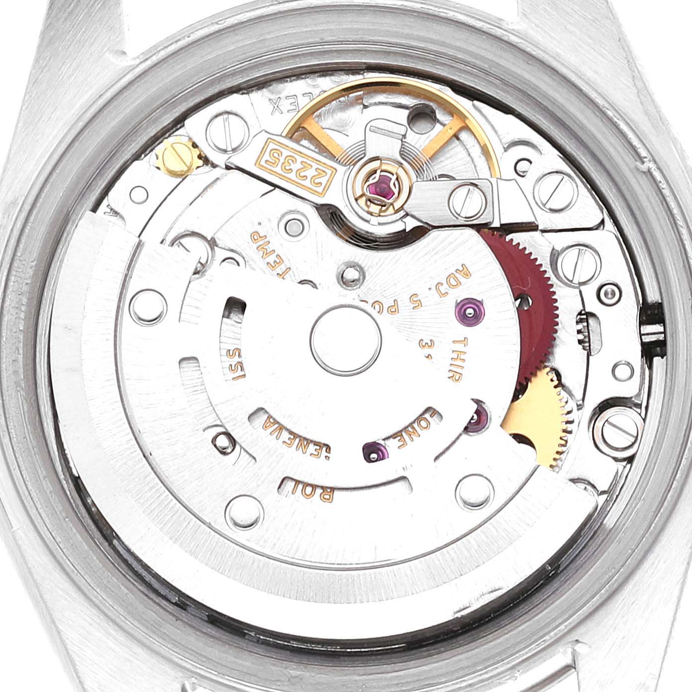 The image shows the inner mechanical movement of a Rolex Datejust 79174 Women's Stainless Steel Silver Dial 79174 Women's Stainless Steel Silver Dial watch from a rear case angle.