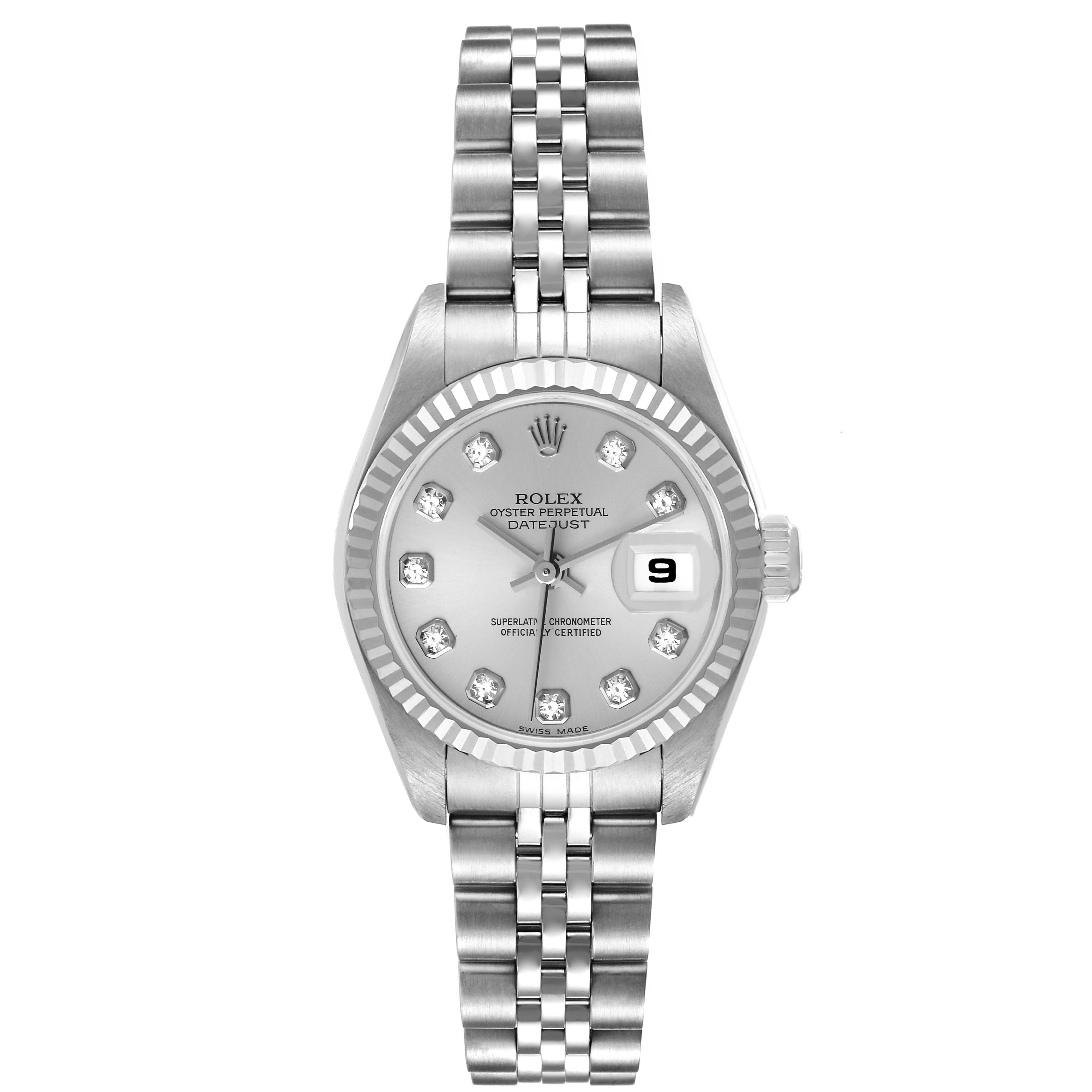 This is a front view of a Rolex Datejust 79174 Women's Stainless Steel Silver Dial 79174 Women's Stainless Steel Silver Dial watch, showing the dial, fluted bezel, and jubilee bracelet.
