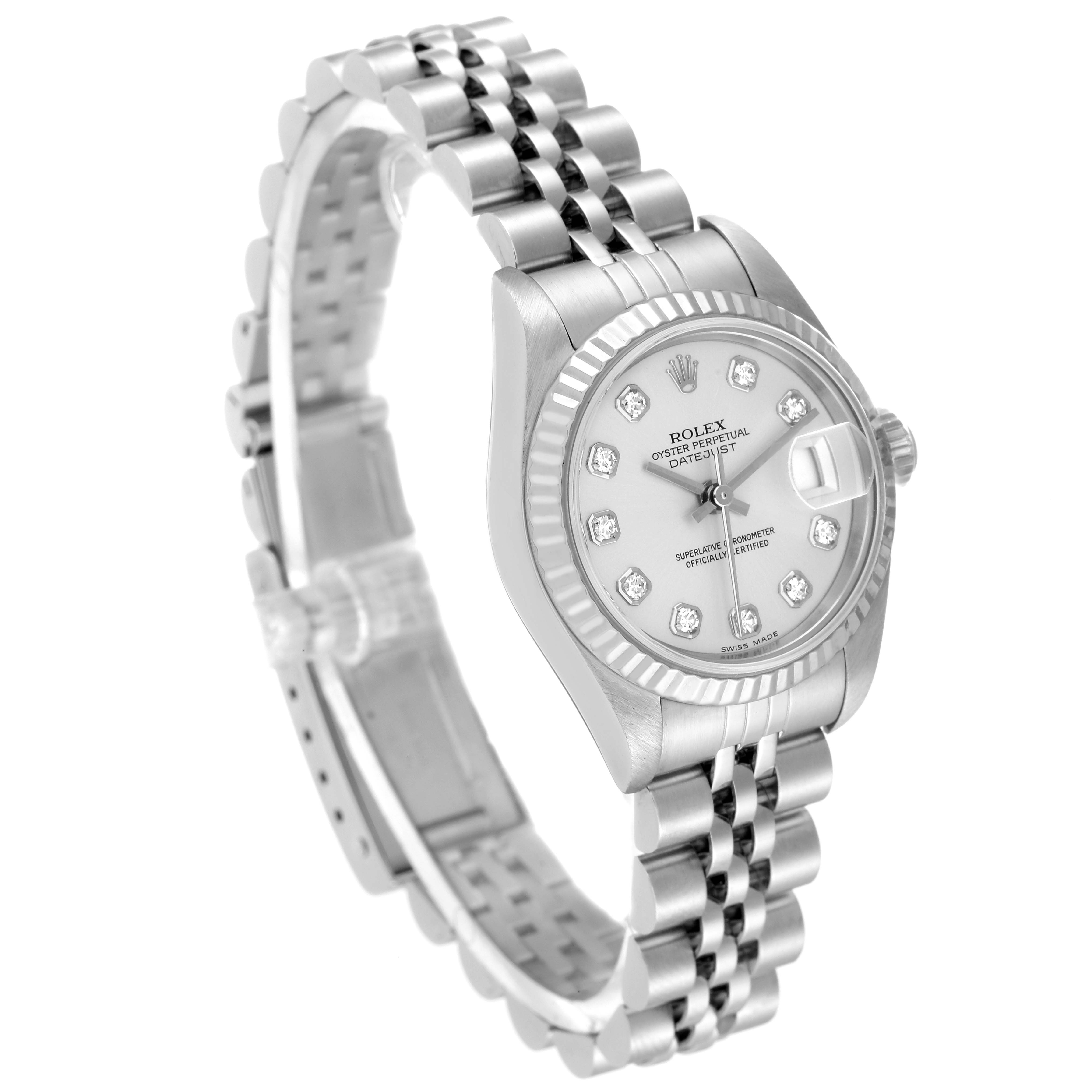 This image shows a Rolex Datejust 79174 Women's Stainless Steel Silver Dial 79174 Women's Stainless Steel Silver Dial watch at a three-quarter angle, displaying the dial, bezel, and bracelet.