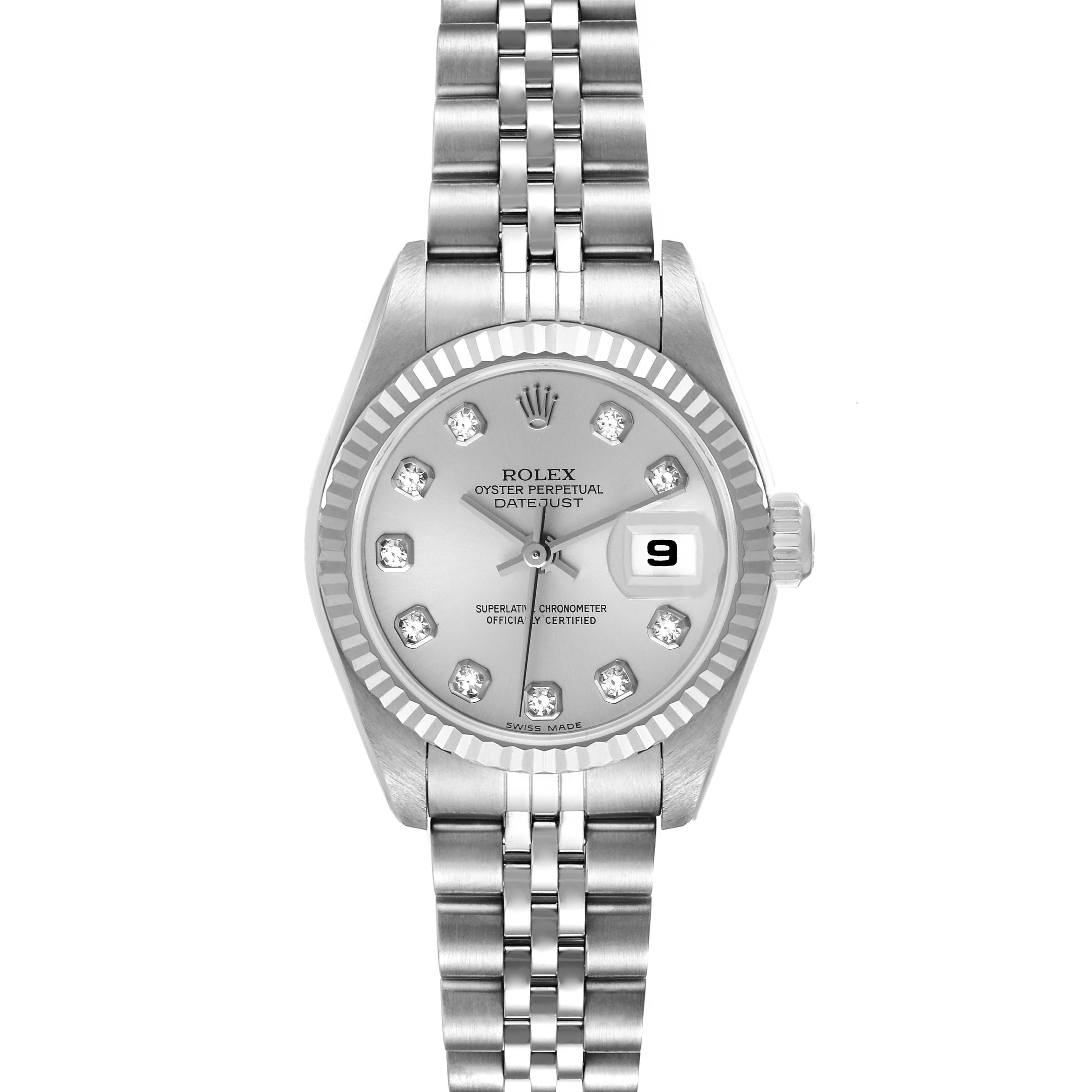 This Rolex Datejust 79174 Women's Stainless Steel Silver Dial 79174 Women's Stainless Steel Silver Dial watch is shown from a front angle, displaying the dial, bracelet, and date window.