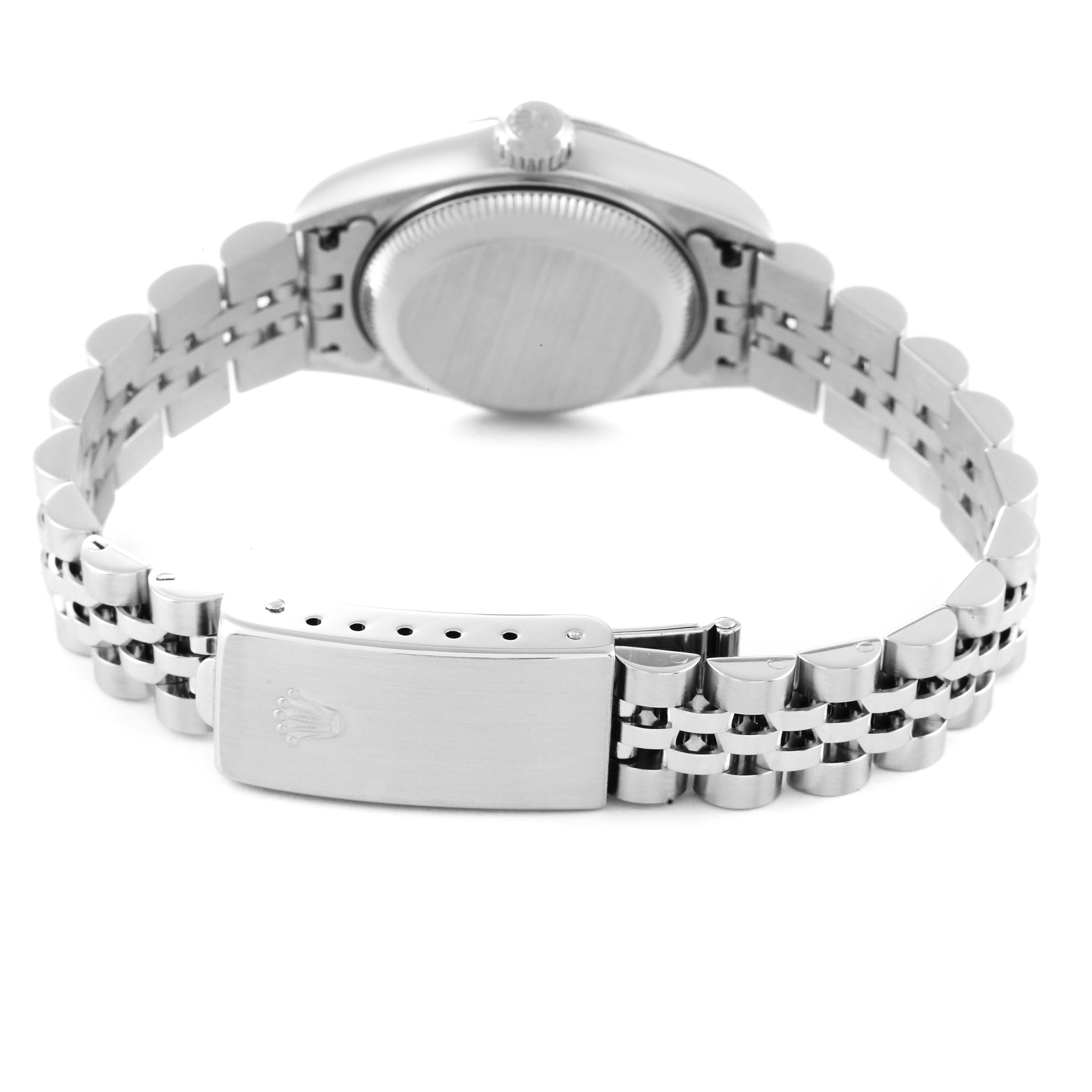 The image shows the back and adjustable clasp of the Rolex Datejust 79174 Women's Stainless Steel Silver Dial 79174 Women's Stainless Steel Silver Dial watch.