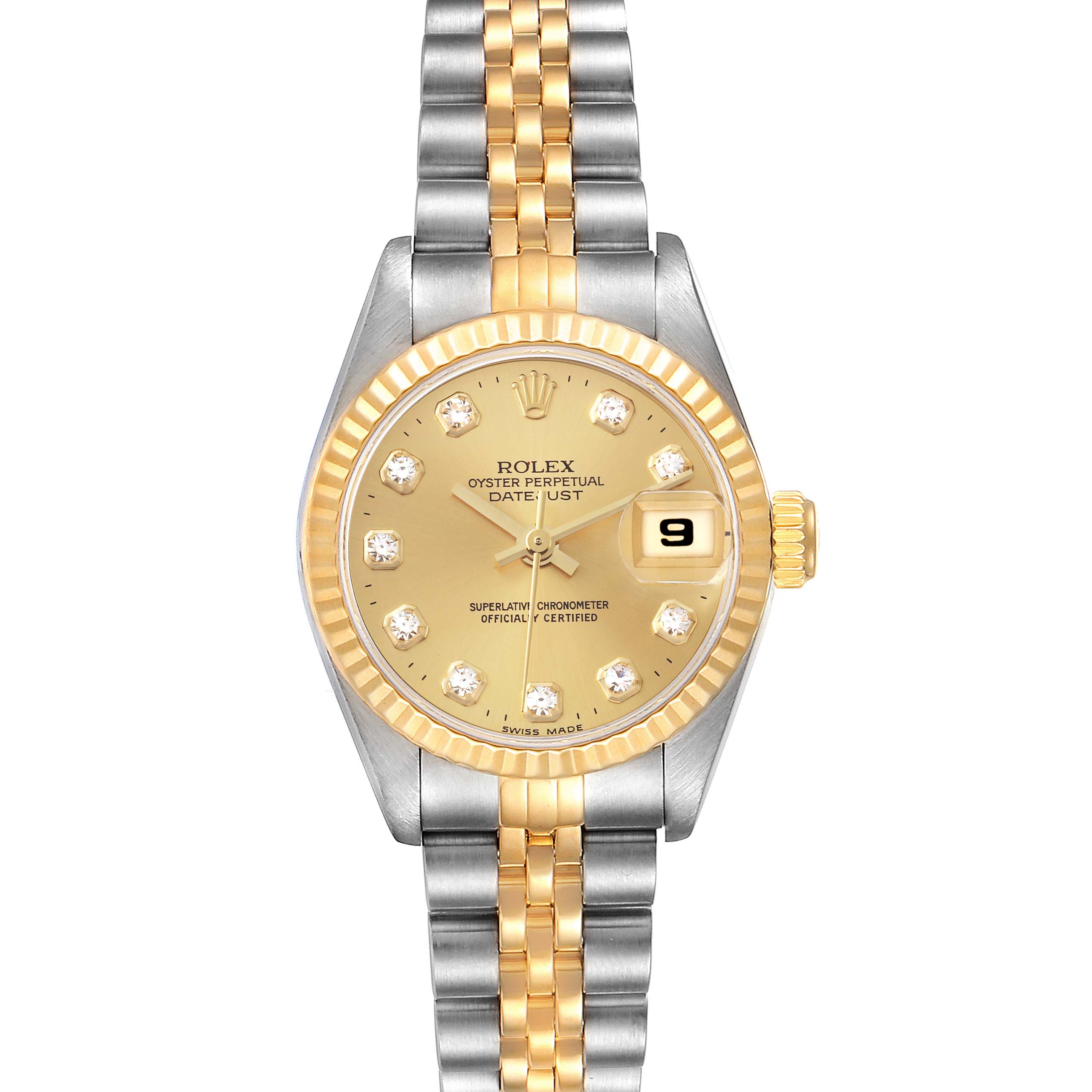 This image shows a Rolex Datejust 69173 Women's Steel and Gold (two tone) Champagne Dial 69173 Women's Steel and Gold (two tone) Champagne Dial watch from a straight-on angle, featuring its dial, bezel, and bracelet.