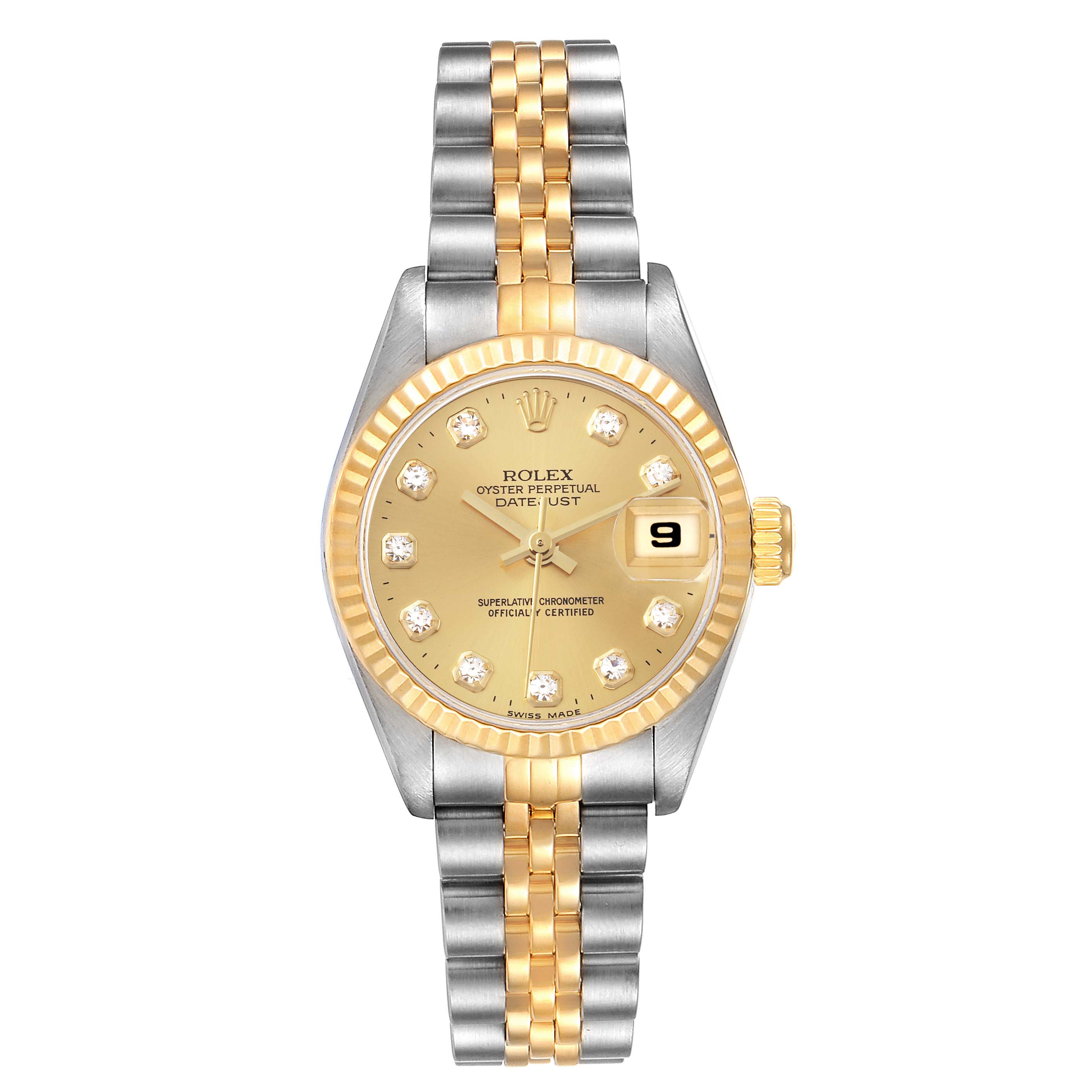 This image shows a frontal view of a Rolex Datejust 69173 Women's Steel and Gold (two tone) Champagne Dial 69173 Women's Steel and Gold (two tone) Champagne Dial model watch, including its gold dial, fluted bezel, and two-tone bracelet.