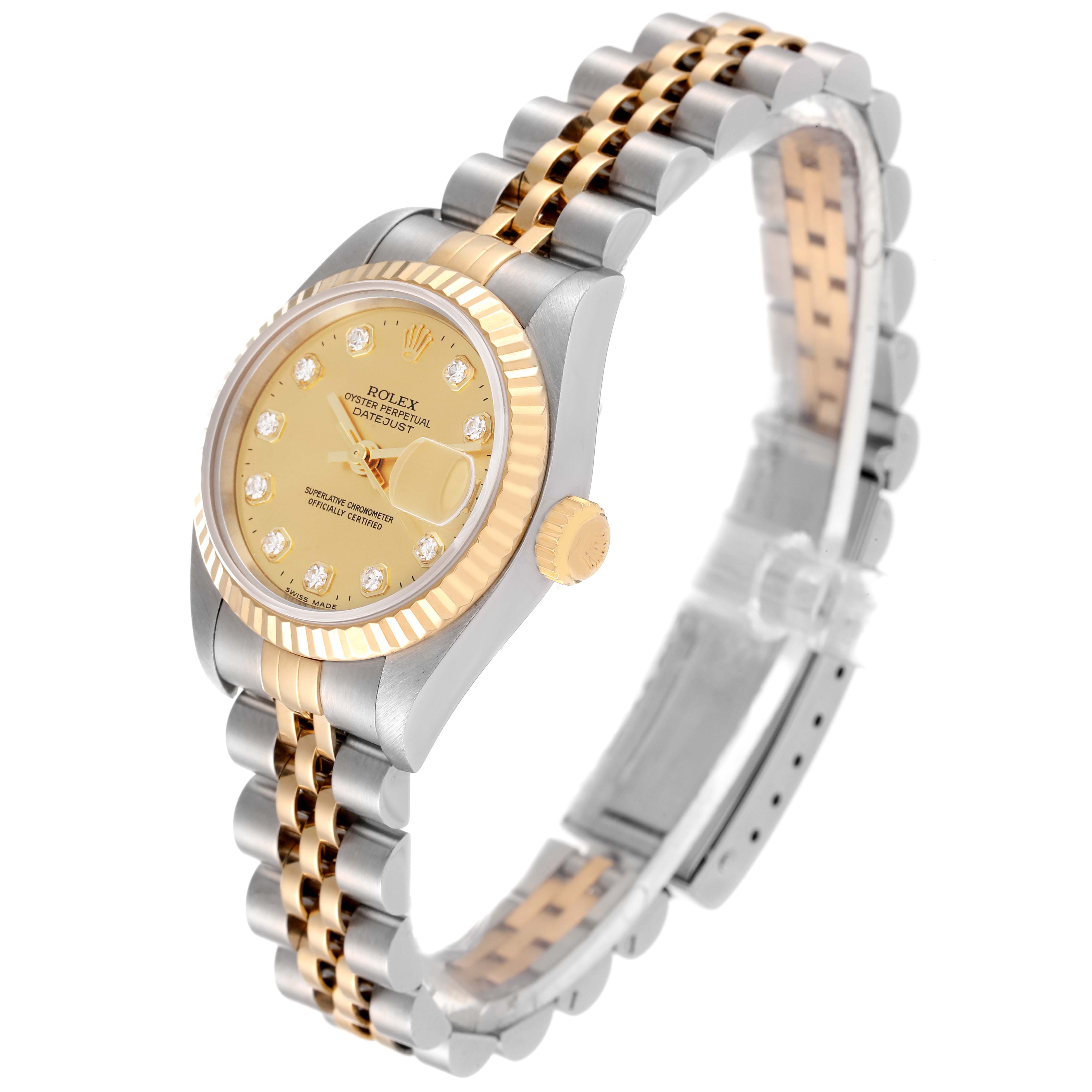 This image shows a Rolex Datejust 69173 Women's Steel and Gold (two tone) Champagne Dial 69173 Women's Steel and Gold (two tone) Champagne Dial watch angled to display the face, bezel, crown, and two-tone bracelet.