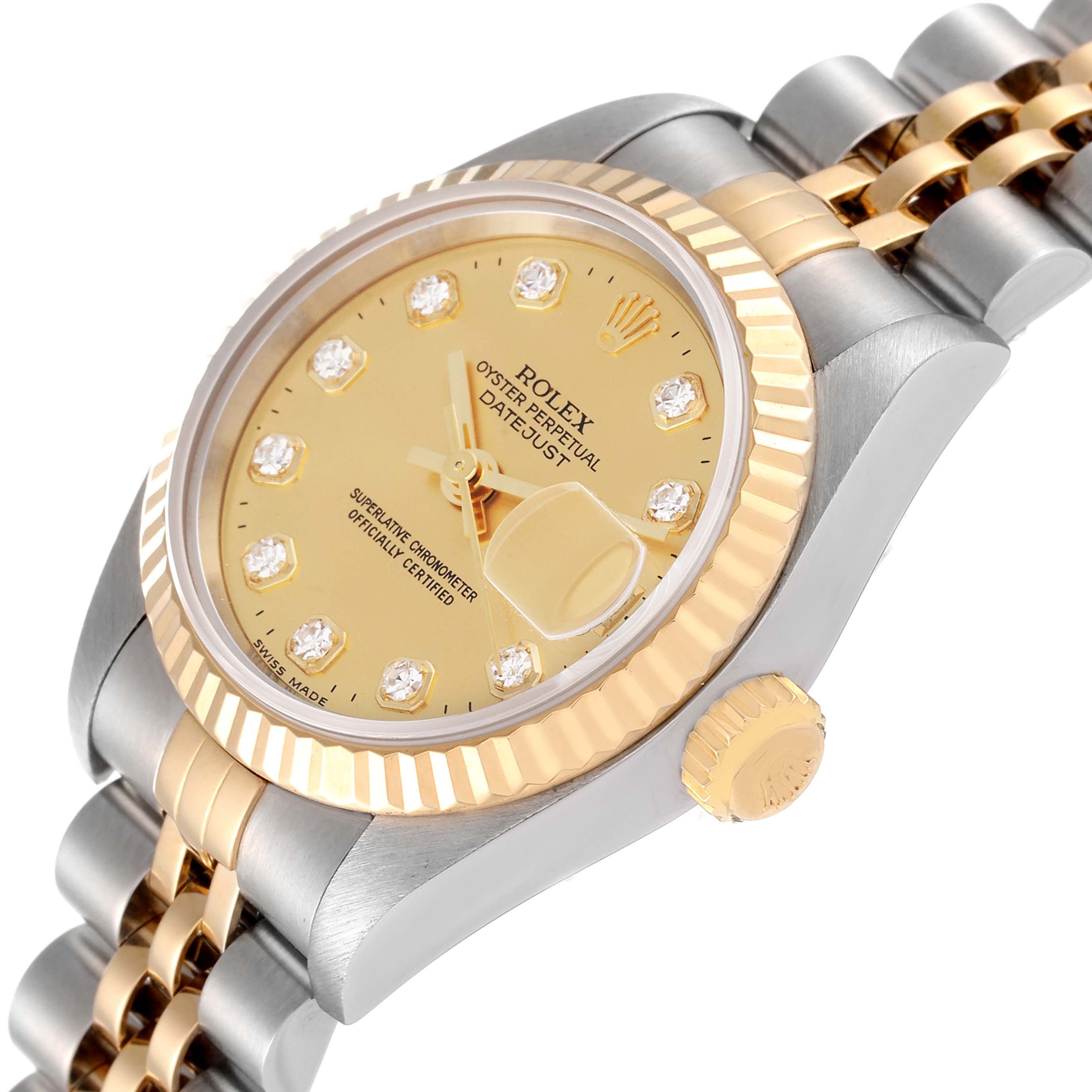 The image shows a Rolex Datejust 69173 Women's Steel and Gold (two tone) Champagne Dial 69173 Women's Steel and Gold (two tone) Champagne Dial watch from a side angle, highlighting the dial, bezel, crown, and part of the bracelet.