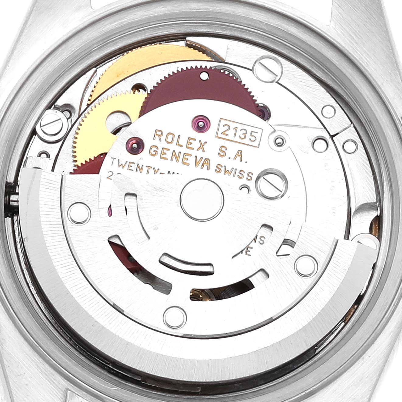 The image shows the detailed internal movement mechanism of a Rolex Datejust 69173 Women's Steel and Gold (two tone) Champagne Dial 69173 Women's Steel and Gold (two tone) Champagne Dial watch viewed from the back.