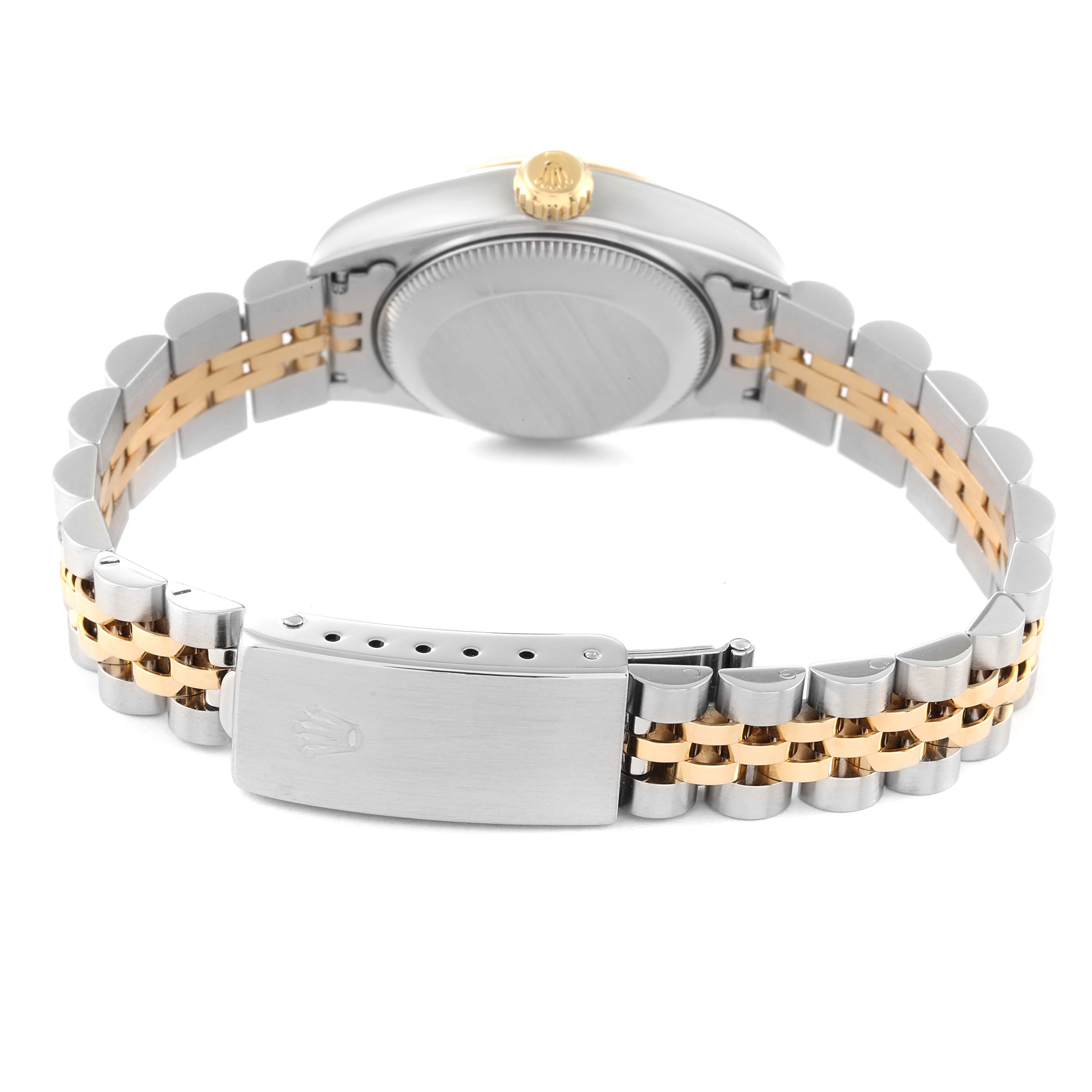 The image shows the back and side of a Rolex Datejust 69173 Women's Steel and Gold (two tone) Champagne Dial 69173 Women's Steel and Gold (two tone) Champagne Dial watch, highlighting its two-tone bracelet and clasp.