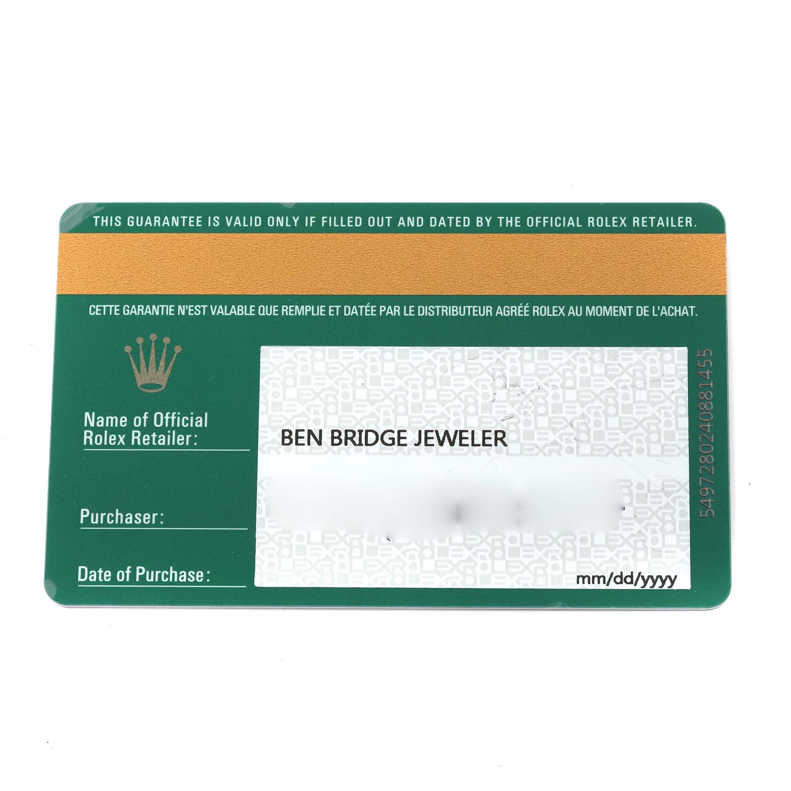 The image shows a warranty card for a Mid-Size Rolex watch by Rolex.
