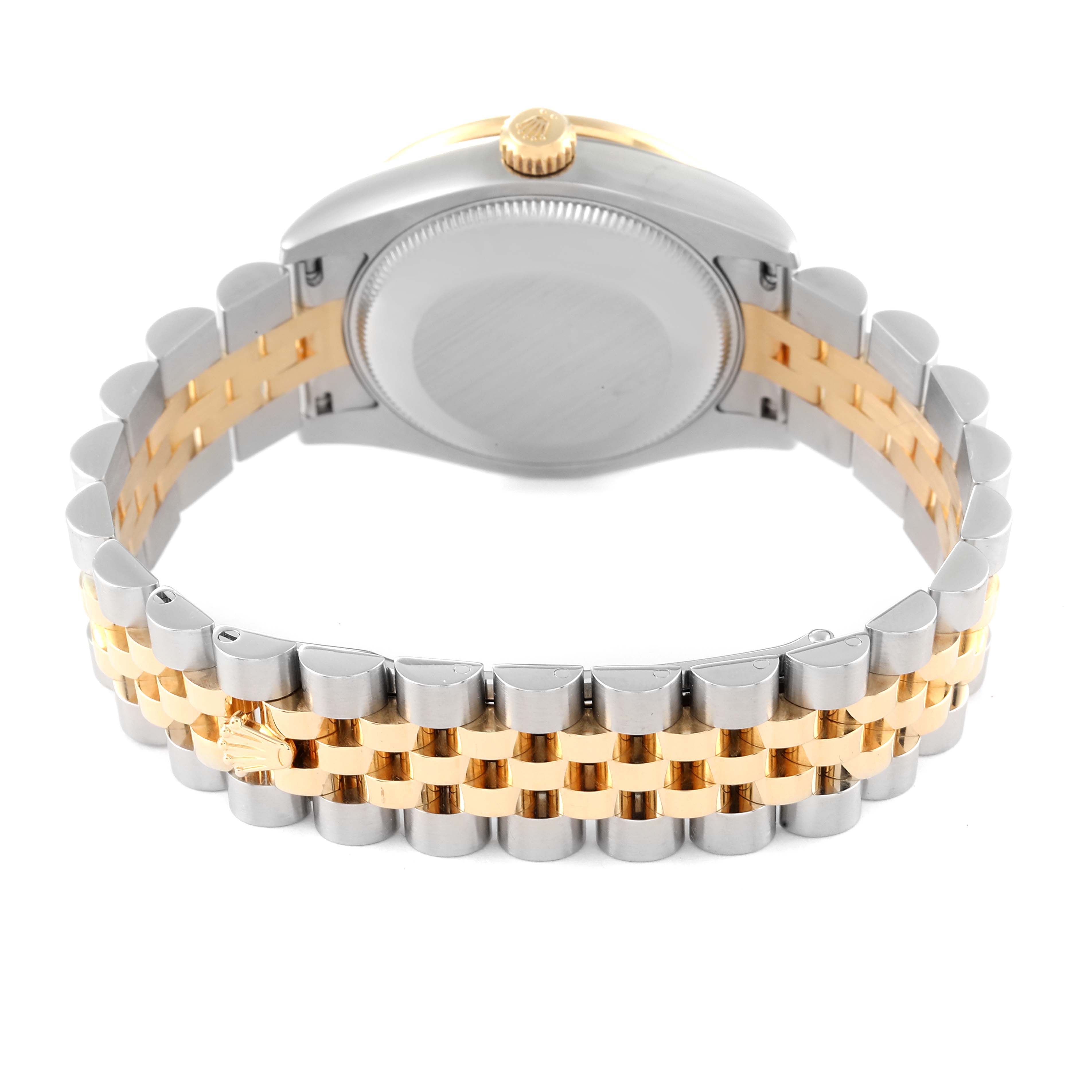 This image shows the back of a Mid-Size Rolex watch, highlighting the case back and the metal bracelet.