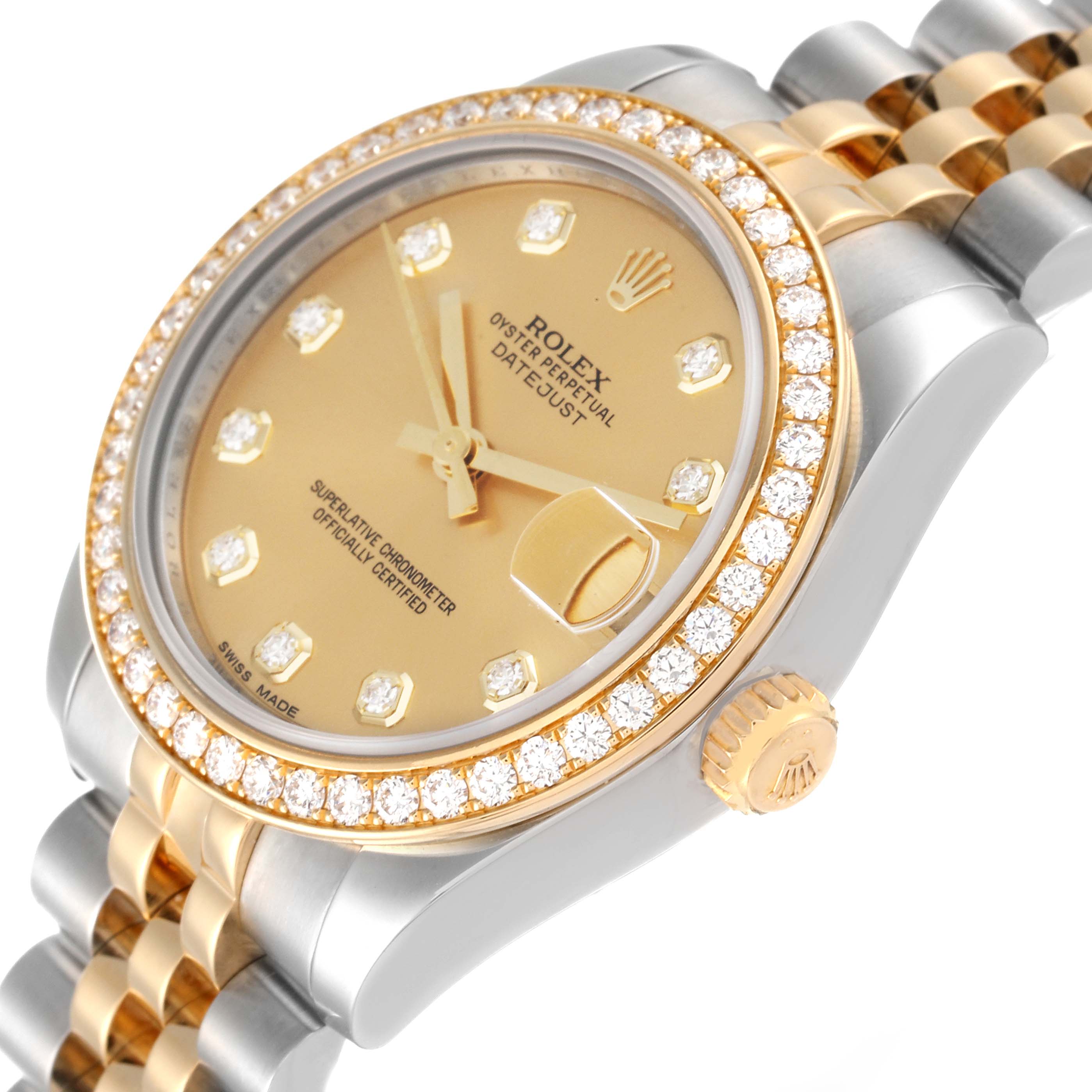 The image shows a close-up angled view of the Rolex Datejust Mid-Size watch, highlighting the dial, crown, and part of the bracelet.