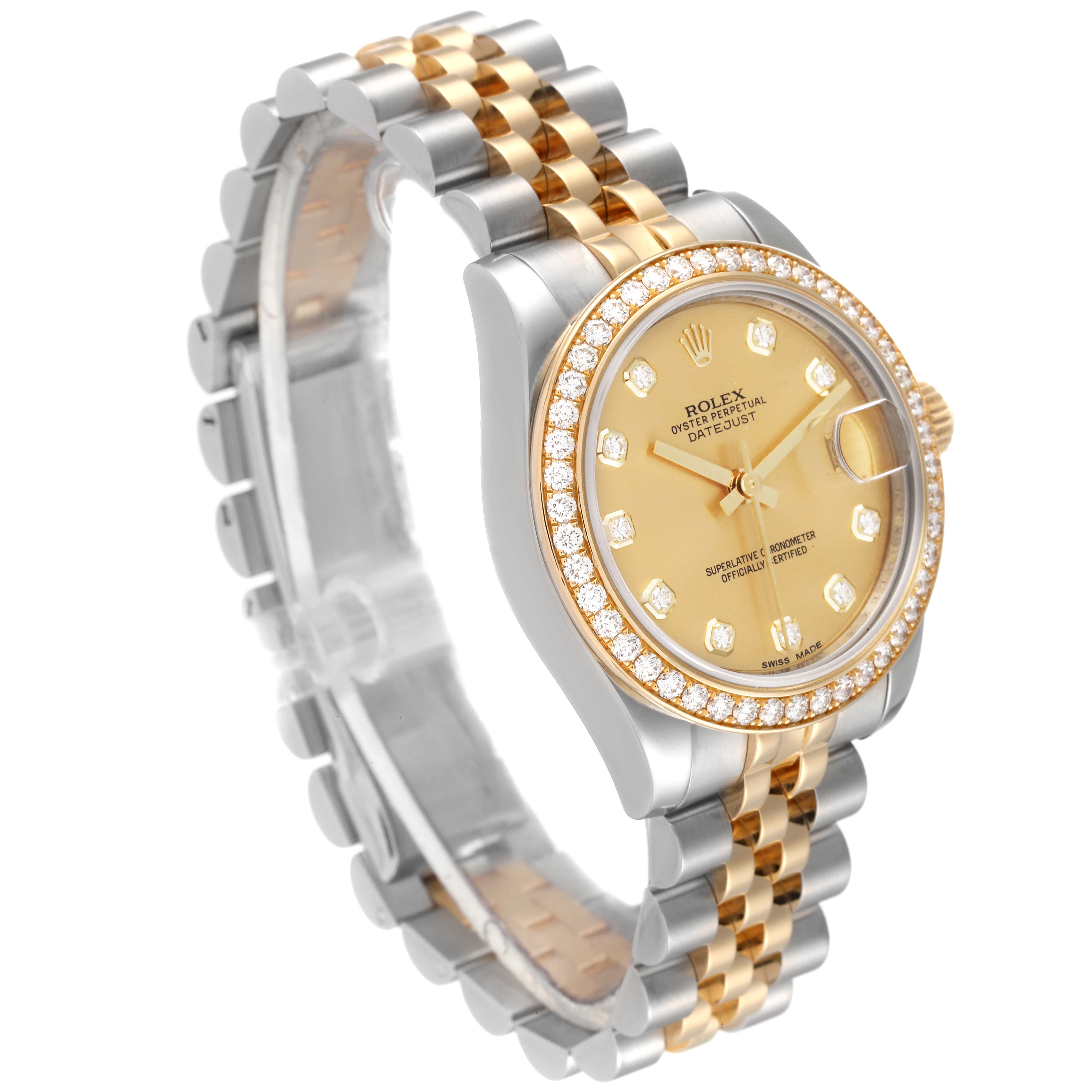 This image shows a Rolex Mid-Size 178383 Women
s Steel and Gold (two tone) Champagne Dial 178383 Women
s Steel and Gold (two tone) Champagne Dial watch, featuring a gold face, diamond bezel, and a two-tone bracelet in a side angle view.