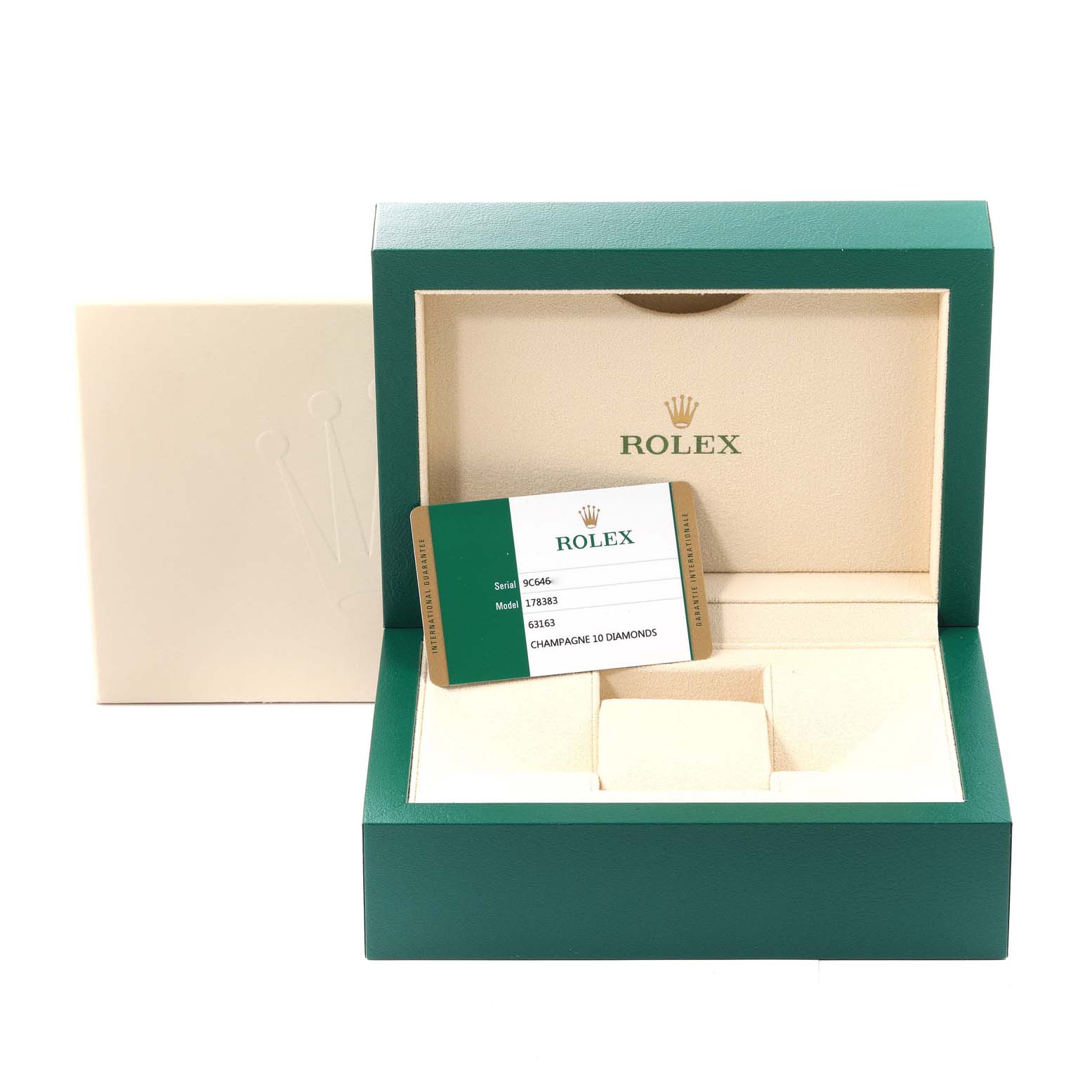 The image shows an open Rolex Mid-Size 178383 Women
s Steel and Gold (two tone) Champagne Dial 178383 Women
s Steel and Gold (two tone) Champagne Dial watch box and associated certification card.
