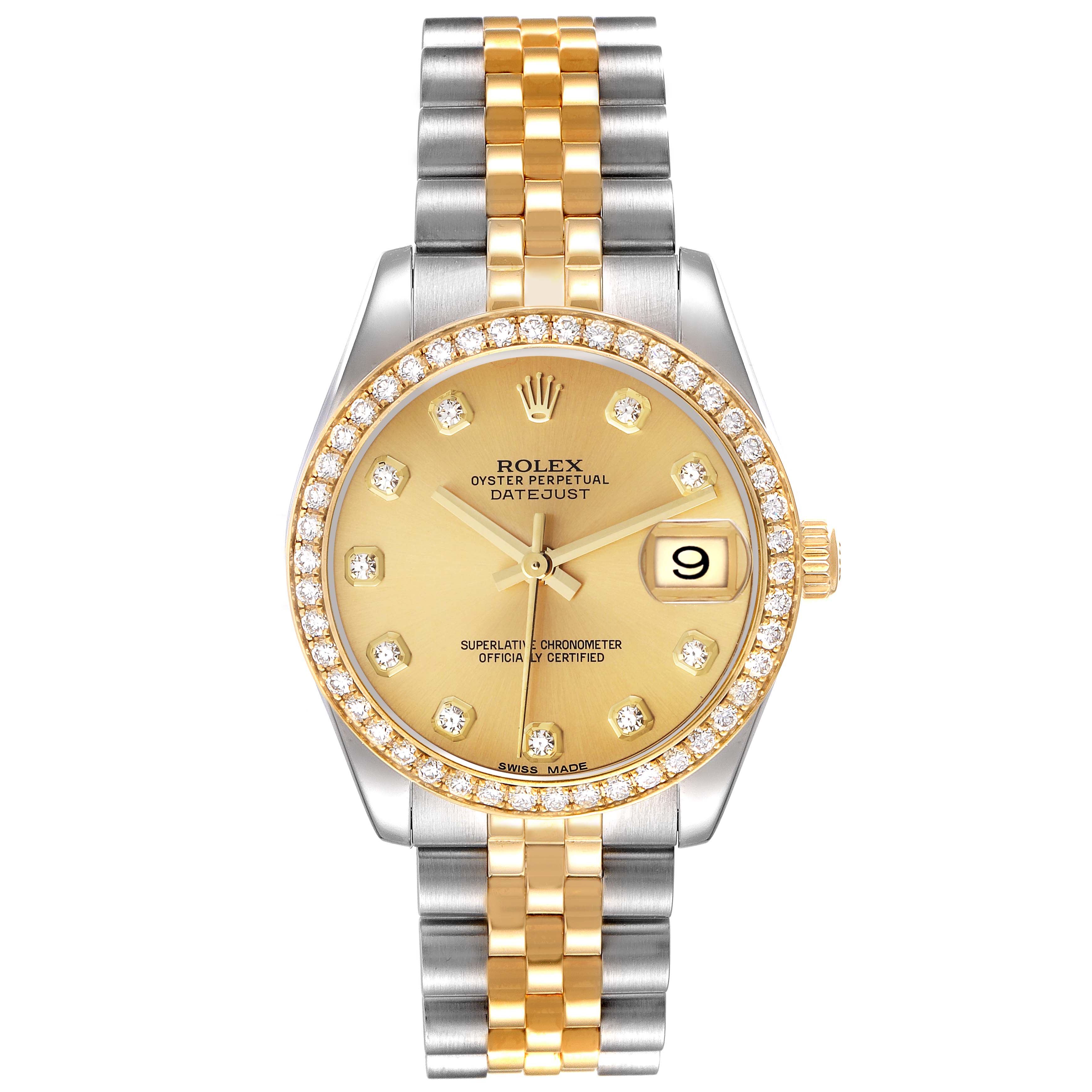 The image shows a Mid-Size Rolex Datejust from a front angle, displaying the face, bezel, and bracelet.