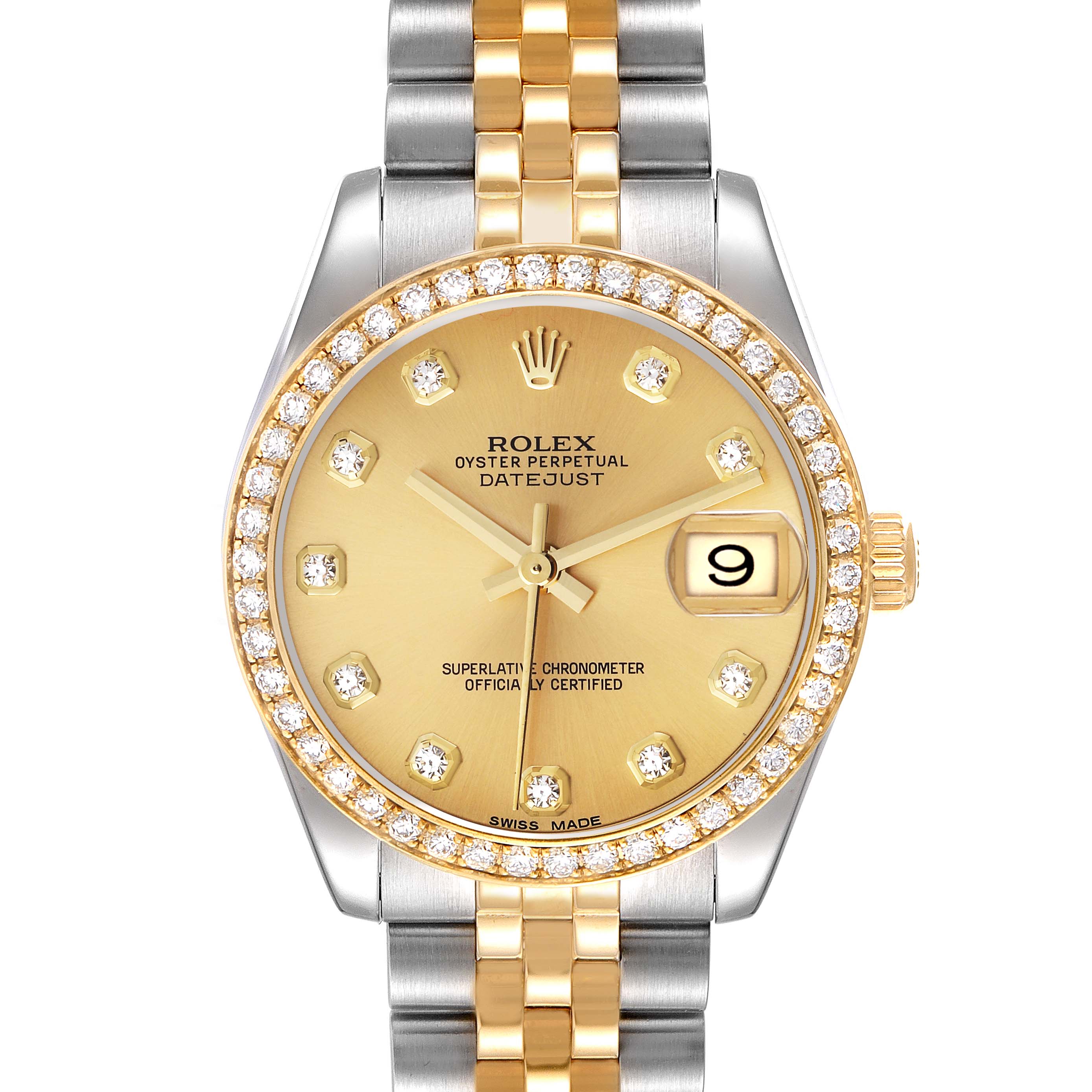 This Rolex Mid-Size 178383 Women
s Steel and Gold (two tone) Champagne Dial 178383 Women
s Steel and Gold (two tone) Champagne Dial Oyster Perpetual Datejust watch is shown from a front angle, highlighting its gold dial, diamond bezel, and two-tone bracelet.