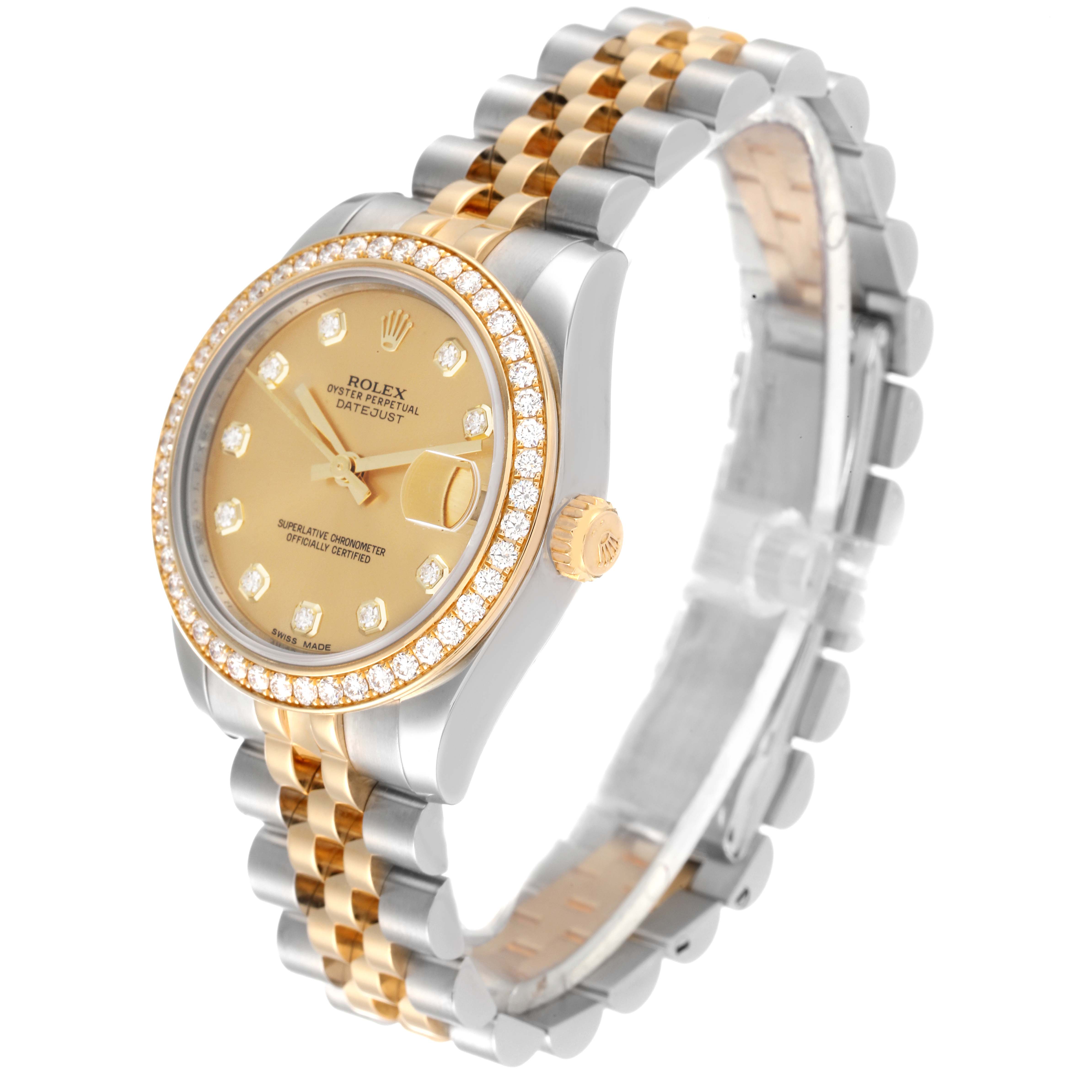 This Mid-Size Rolex watch is shown at a slight angle, displaying the face, crown, bezel, and two-tone bracelet.