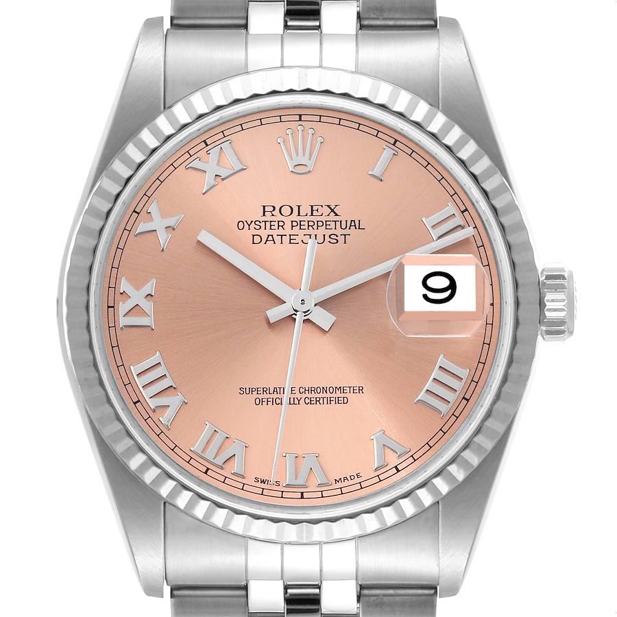 Rolex Datejust 36 Steel White Gold Salmon Roman Dial Mens Watch 16234 SwissWatchExpo