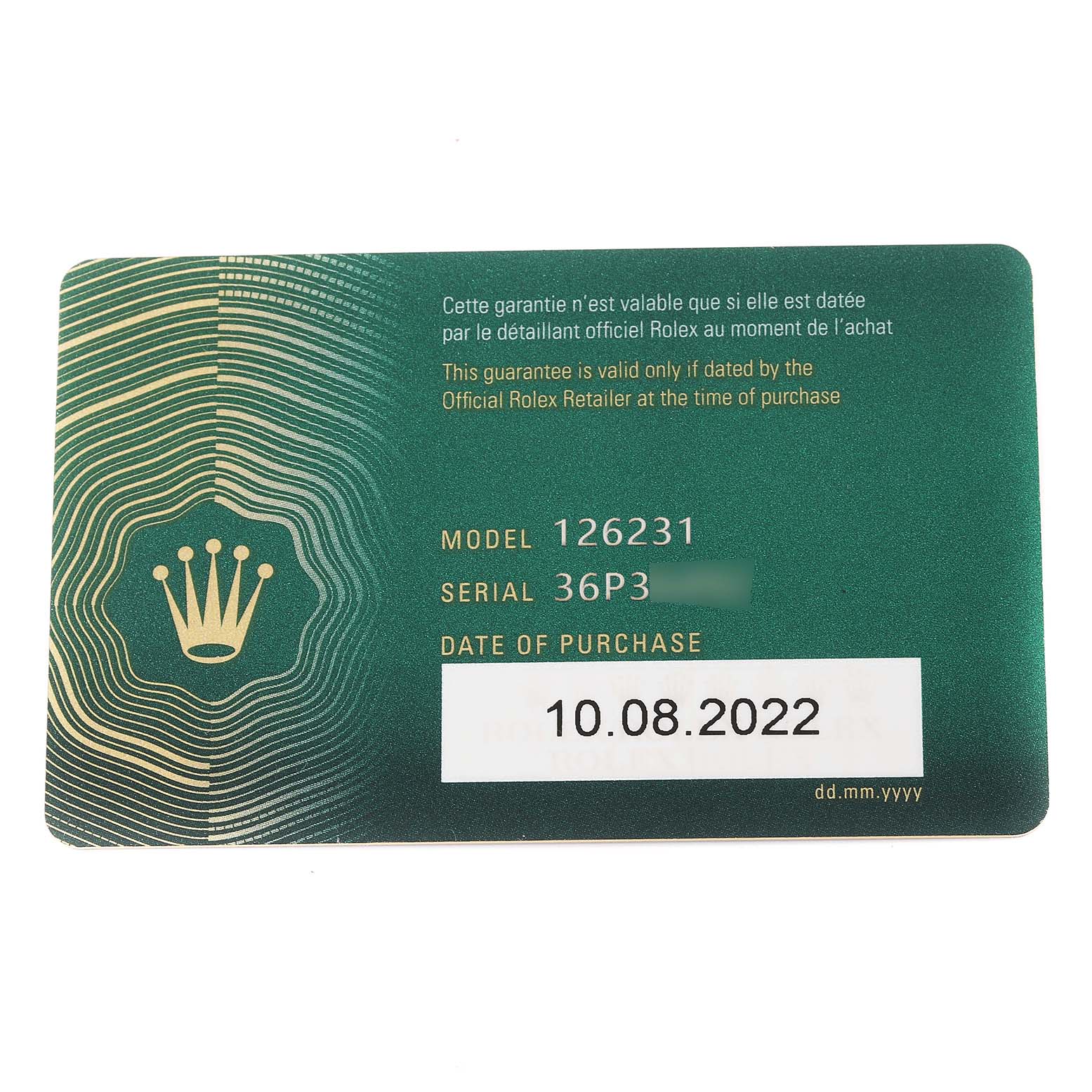 The image shows a guarantee card for the Rolex Datejust 126231 Men's Steel and Gold (two tone) Grey Dial 126231 Men's Steel and Gold (two tone) Grey Dial model 126231.